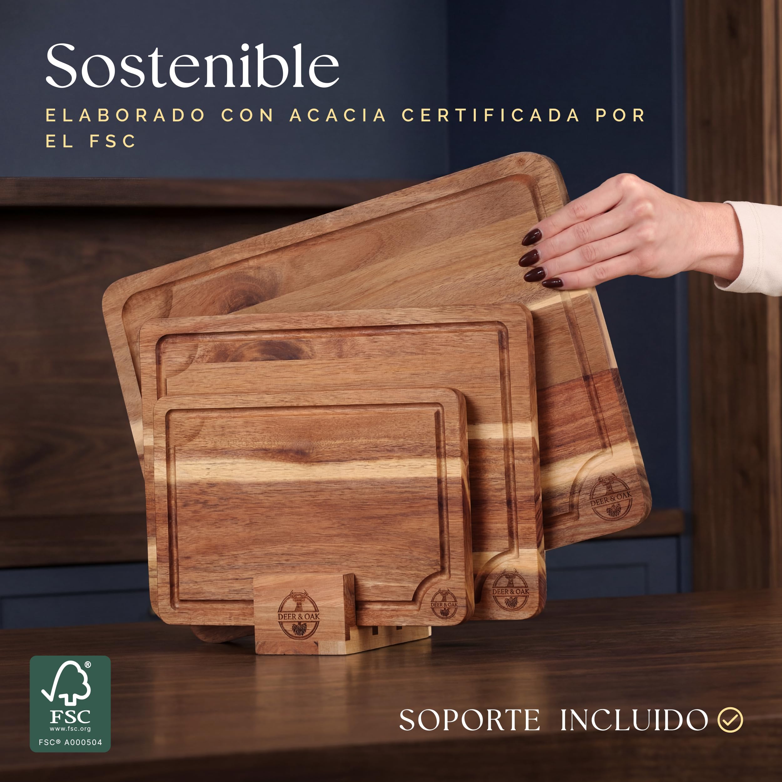 Juego de 3 tablas de cortar de acacia preengrasadas y no tóxicas con soporte, tablas de cortar de madera con certificación FSC, incluye aceite para tabla de cortar de 100 ml, 3 tablas de tallado de