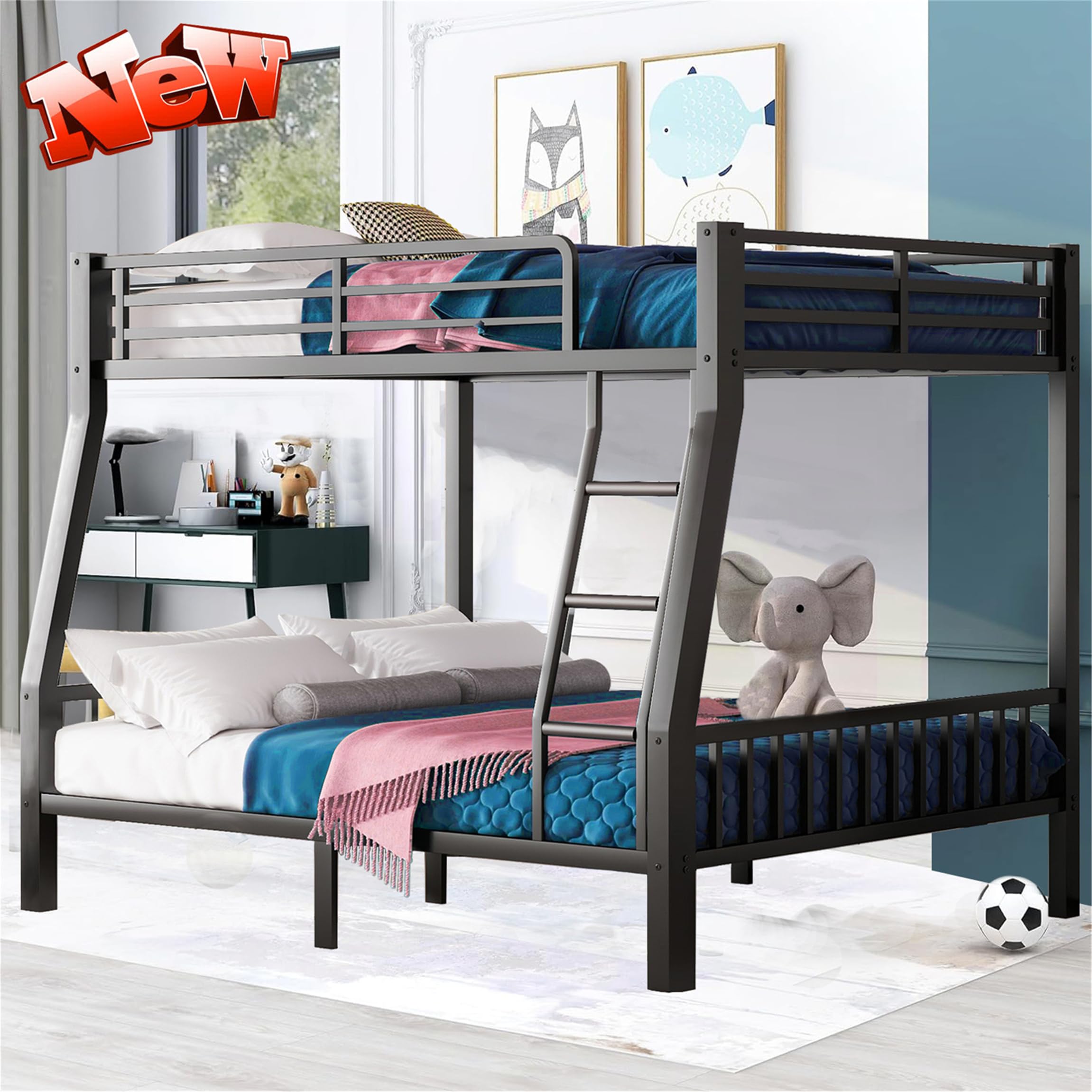 STERXONE Upgraded Version Thicken Heavy Duty Metal Full Over Queen Bunk Bed, Stronger Full XL Over Queen Bunk Bed for Adults, Queen Size Bunkbed Frame