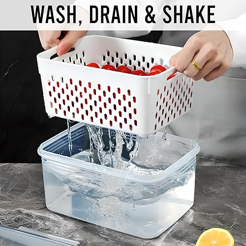 Miniatura 4 de Paquete de 3 recipientes de almacenamiento de frutas para refrigerador con colador extraíble, recipientes herméticos de almacenamiento de alimentos