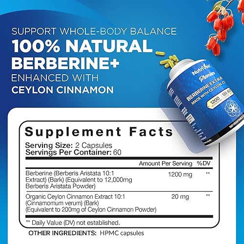 Miniatura 2 de Nutrivein Premium Berberine 1200 mg with Ceylon Cinnamon - 120 Capsules: High-Absorption Berberine Supplement for Defenses, Digestion, & Metabolism