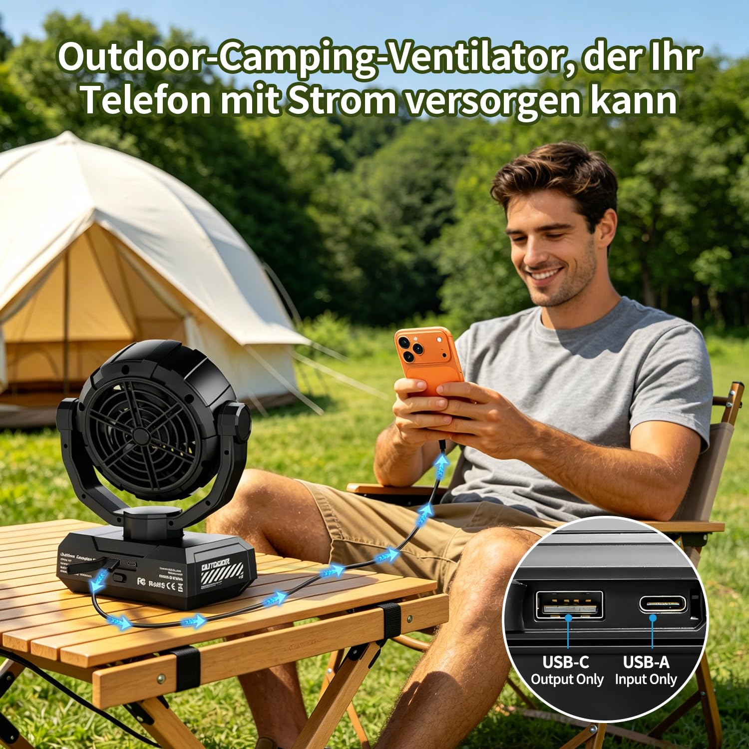 Ventilatore portatile da campeggio, 10000 mAh, alimentato a batteria, ultra sottile, con lanterna a LED, telecomando, gancio per tenda, fino a 26 ore di autonomia, rotazione di 120°, ventilatore da