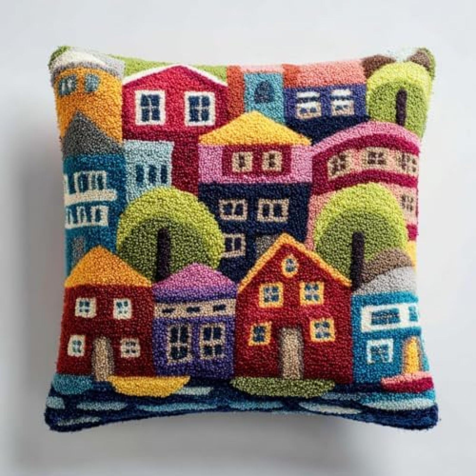 kitphoenix DIY Cushion Cover Kit for Adults Beginners,Colorful Boston Harbor,Latch Hook Craft Set for Women with Pre-Cut Yarn and Hook,43x43 cm