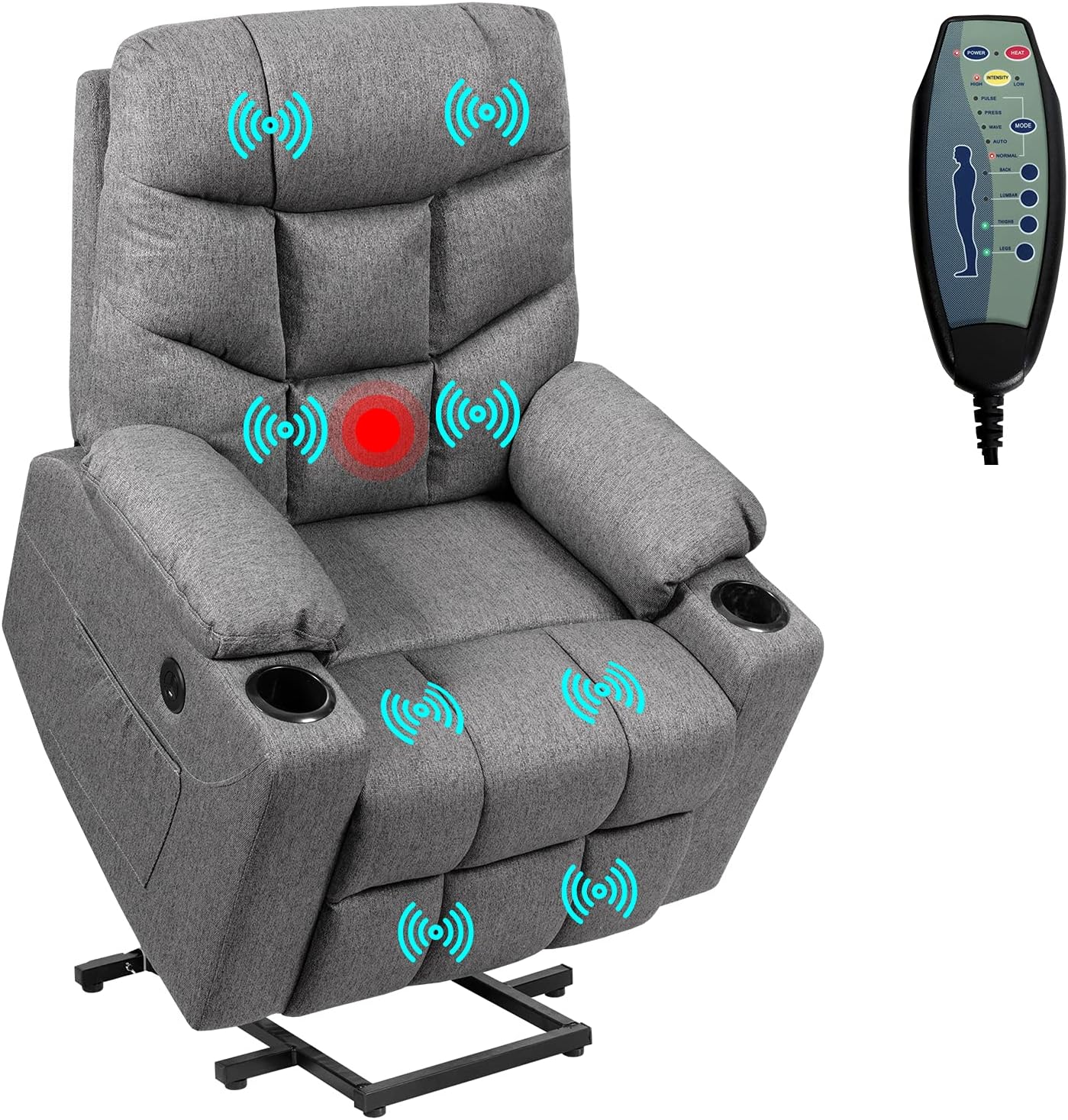 Giantex Power Lift Chair Electric Recliner Sofa for Elderly, Fabric Reclining Sofa w/ 8 Point Massage & Lumbar Heat, 2 Side Pockets Cup Holders USB Charge Port, Motorized Sofa Chair for Living Room
