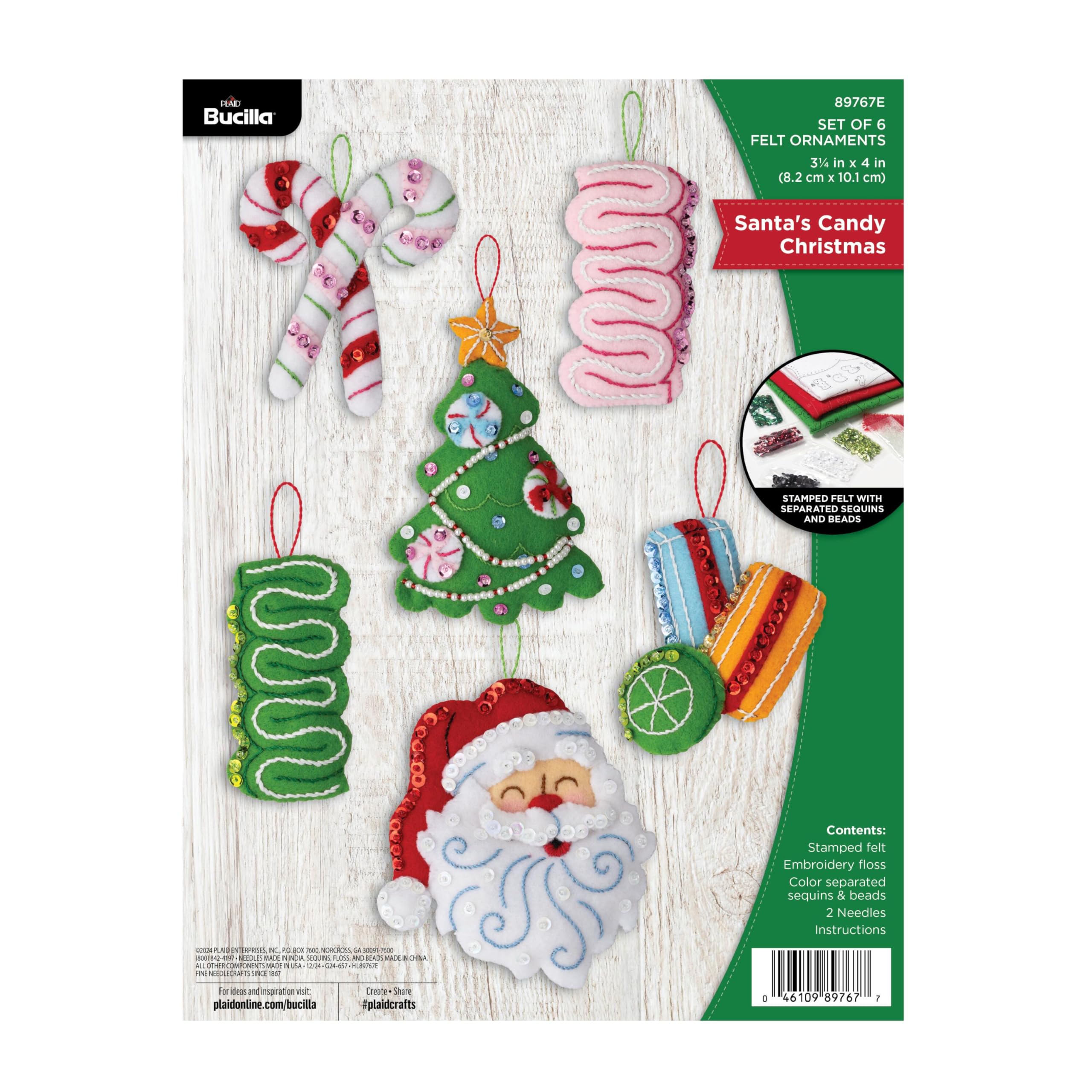 Bucilla Felt Applique 6 Piece Ornament Making Kit, Santa's Candy Christmas, Perfect for DIY Arts and Crafts
