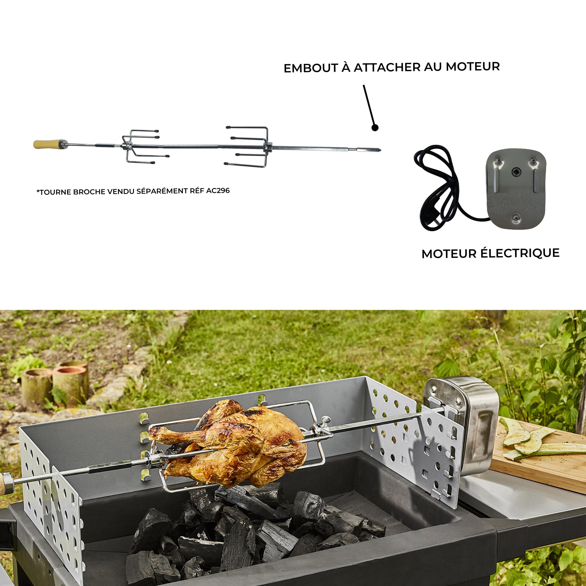 Cook’in Garden - Motor Giratorio eléctrico de Acero Inoxidable, 220 voltios, Compatible con Broche AC296, Accesorio para Barbacoa de Carne y Ave, Resistente y fiable, Uso Exterior