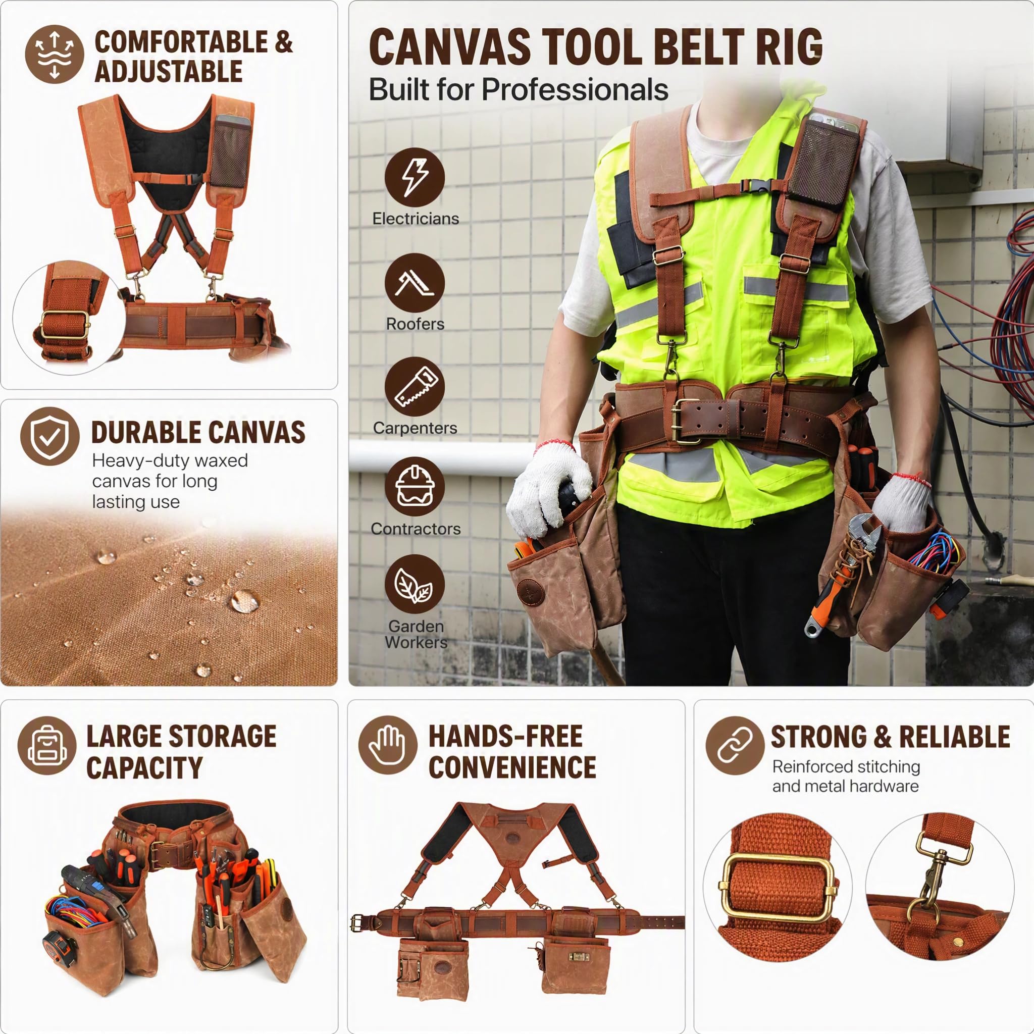 Tourbon Ceinture à outils de menuiserie détachable et robuste avec bretelles en toile rembourrée pour encadrement de construction