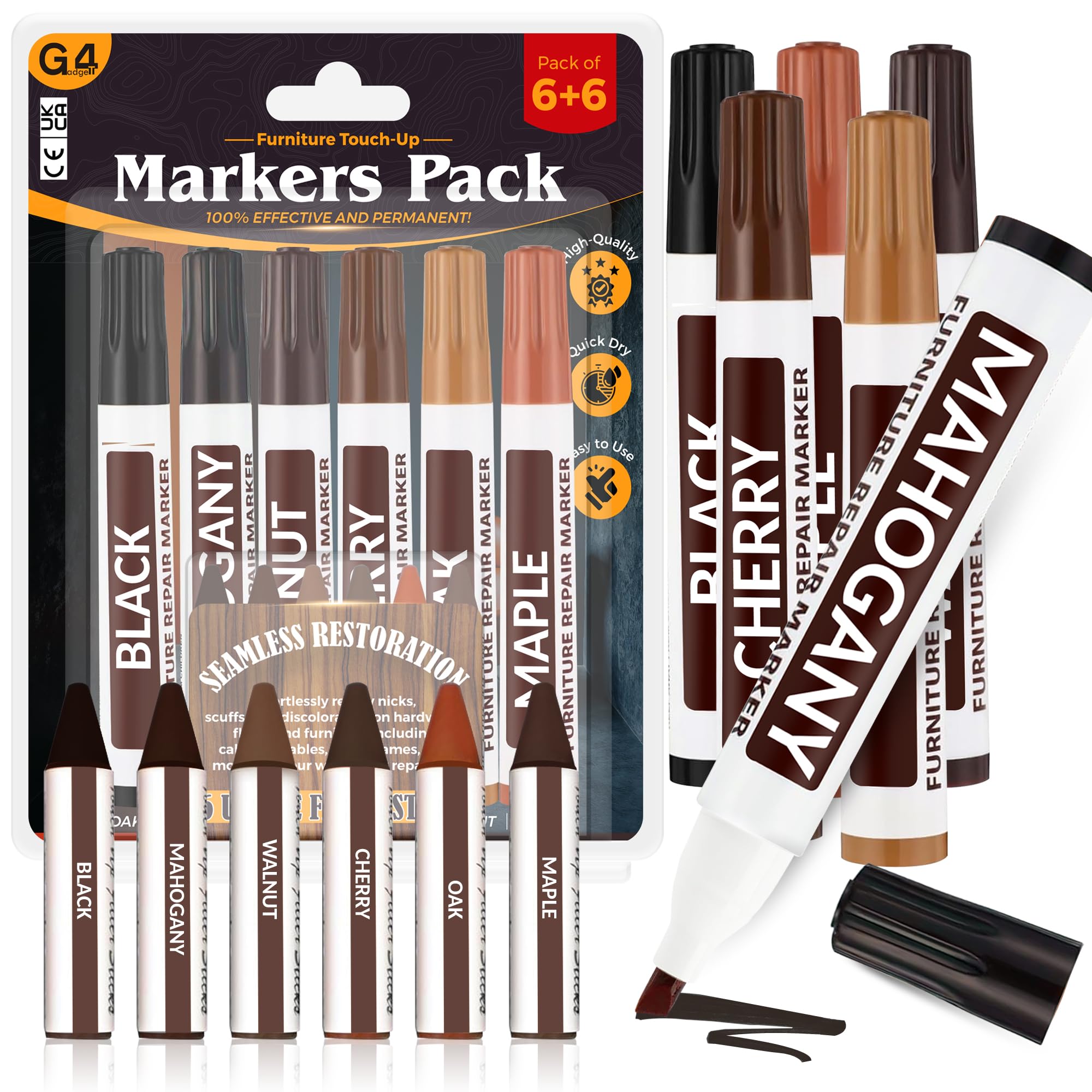 G4GADGET Furniture Repair Kit – 12 PCS Wood Touch Up Markers & Crayons (6+6) – Marker Pens for Scratches, Scuffs & Wood Restoration – Quick & Easy Furniture Fix Set
