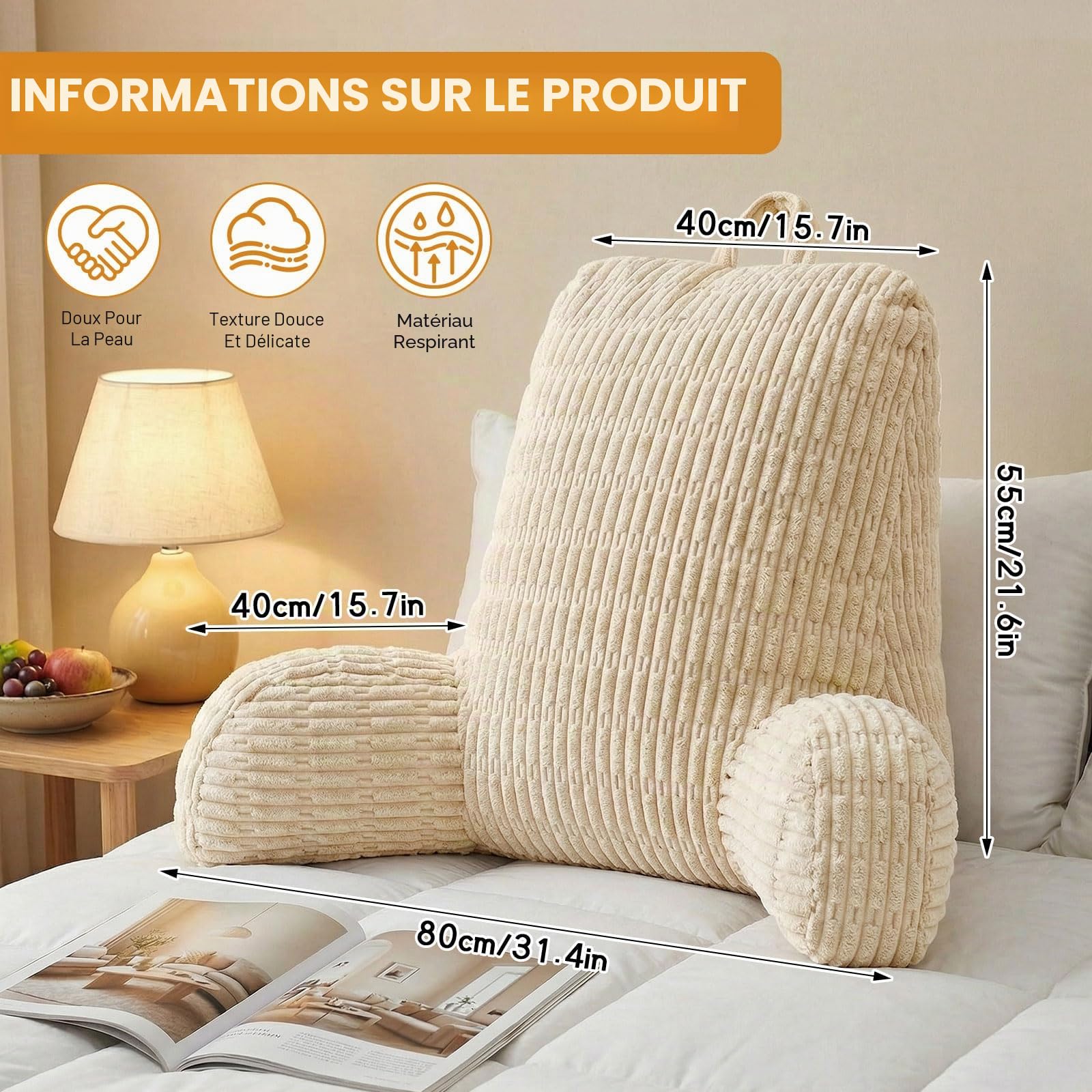 Coussin de Lecture, Coussin de Dossier et Oreiller de Lecture pour Lit et Canapé, Coussin de Soutien Confortable pour s’Asseoir, Lire et Regarder la Télévision