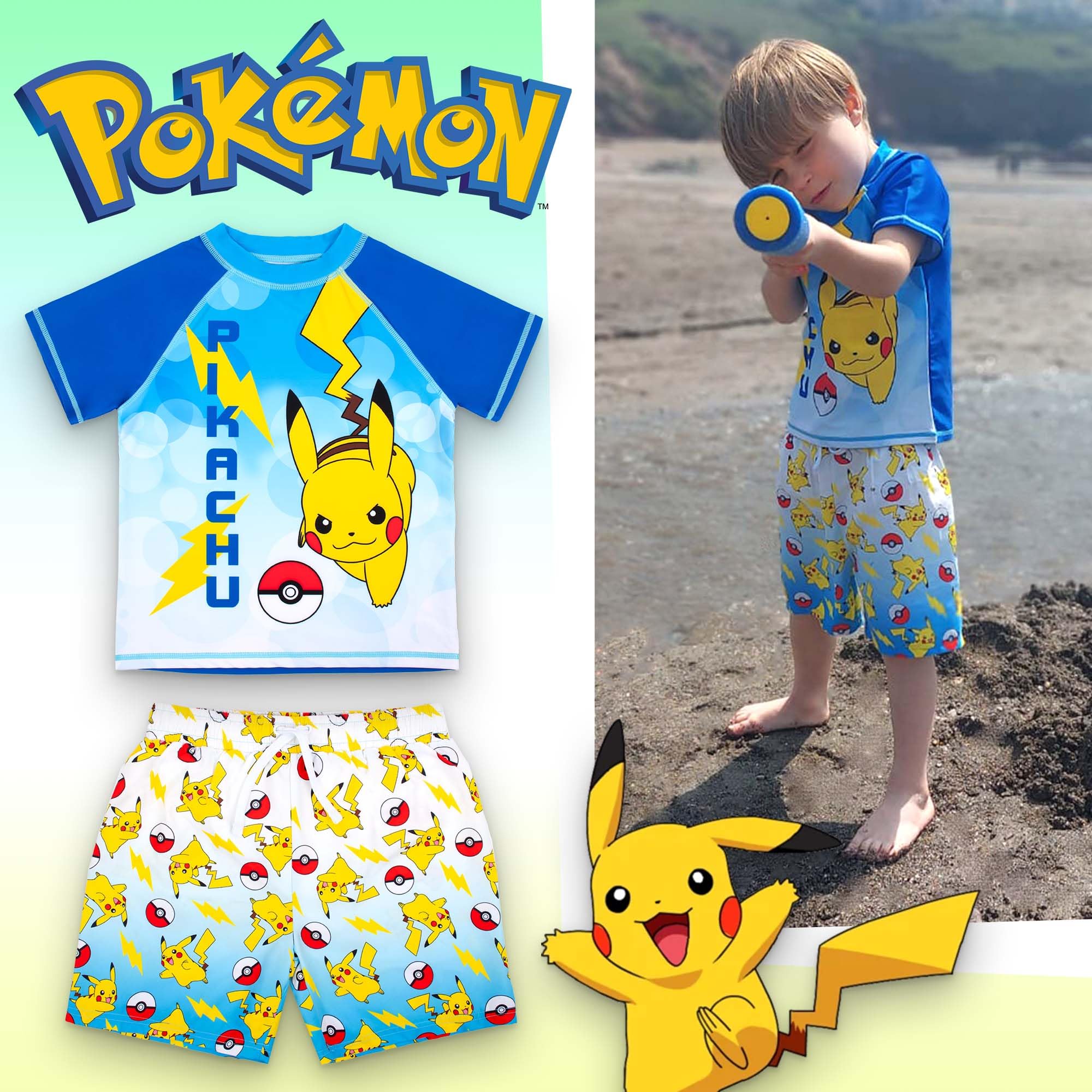 Pokemon Zestaw kąpielowy dla chłopców, 2-częściowy, szorty kąpielowe i koszulka, ochrona przed promieniowaniem UV, kostium kąpielowy dla chłopców w wieku 5-12 lat