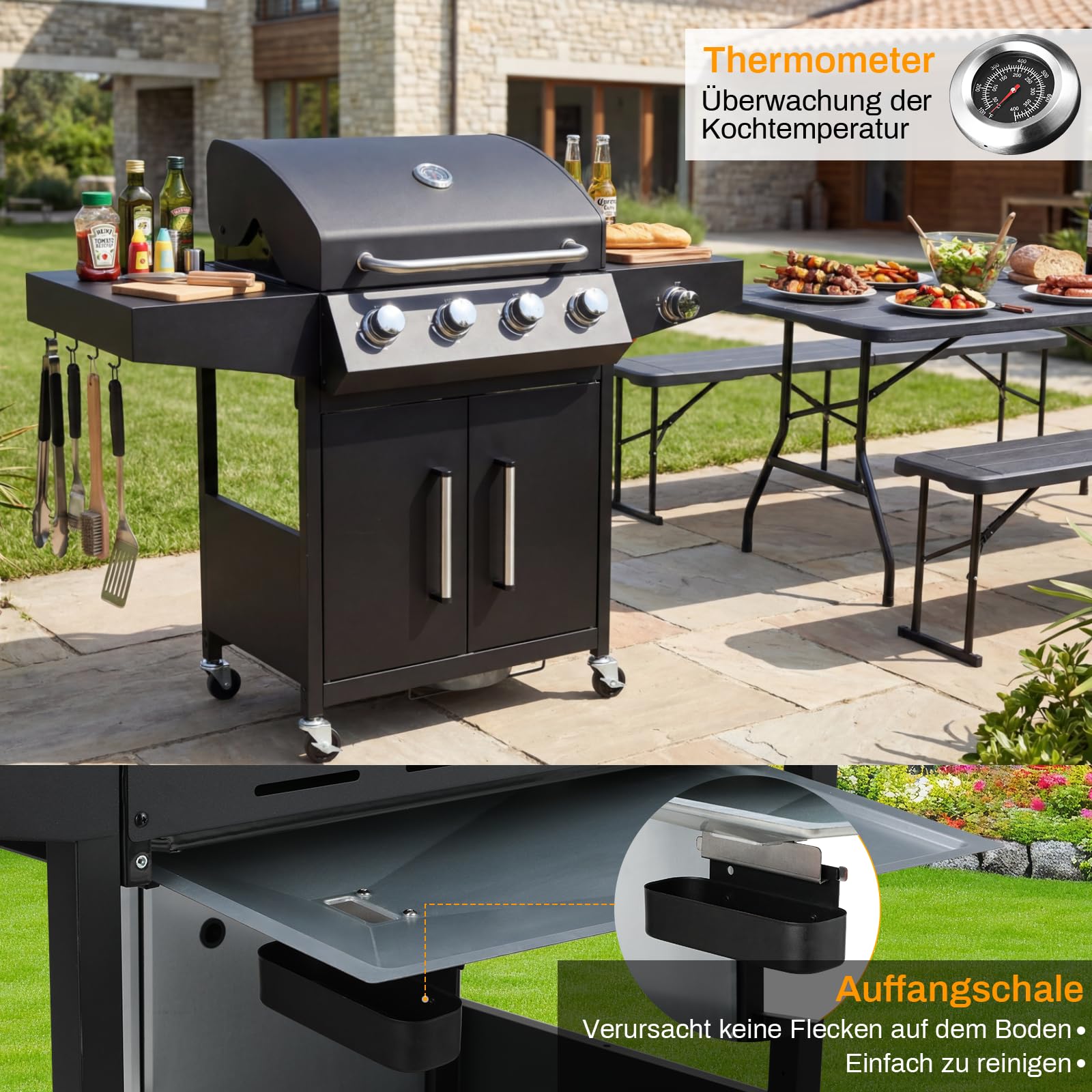 LIFERUN Gasgrill 4+1 Edelstahl Brenner,15 kw Gas Grillwagen BBQ mit Seitenkochfeld,Gasgriller mit Thermometer,4 PCS Bremse Rollen,DE I3B/P(50) Gasdruckregler,Standgrill Camping Garten(Butan/Propan)