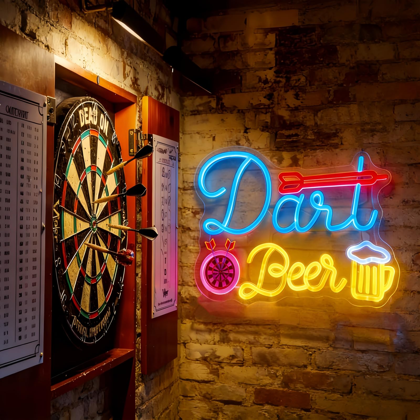 Panneau lumineux néon sur la bière – Cible de fléchettes néon LED et bière, décoration murale pour bar, salle de fête, cave, pub, salle de jeux, cadeau pour les fans de fléchettes et de bière
