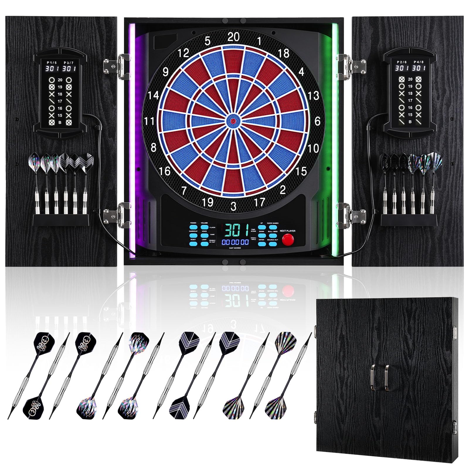 Jeu de Fléchettes Électronique, LED Cible Fléchette Double Score | [12 Fléchettes][Bois Coffret] Indicateur LED 8 Joueurs, Jeux de Flechettes Adulte Électronique pour Salle de Jeu, Bar