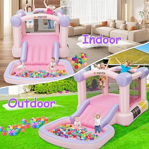 Miniatura 5 de AKEYDIY Casa de rebote inflable para niños con soplador incluido, casa de juegos para interiores y exteriores, casa de salto de macarrón rosa para
