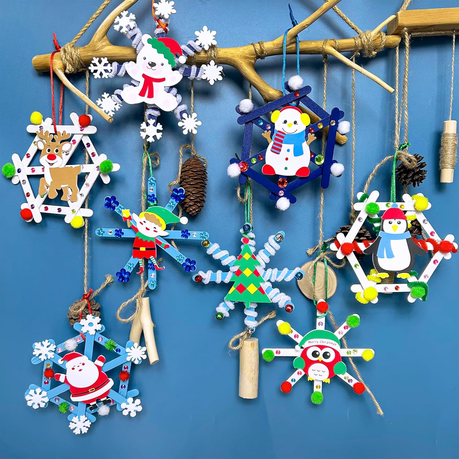 Winlyn 24 Sets Christmas Craft Kits Winter Crafts Popsicle Stick Snowflake Ornaments Decorations Art Sets Craft Stick Snowflake Christmas Stickers for Kids Holiday Classroom Activities Party Favors