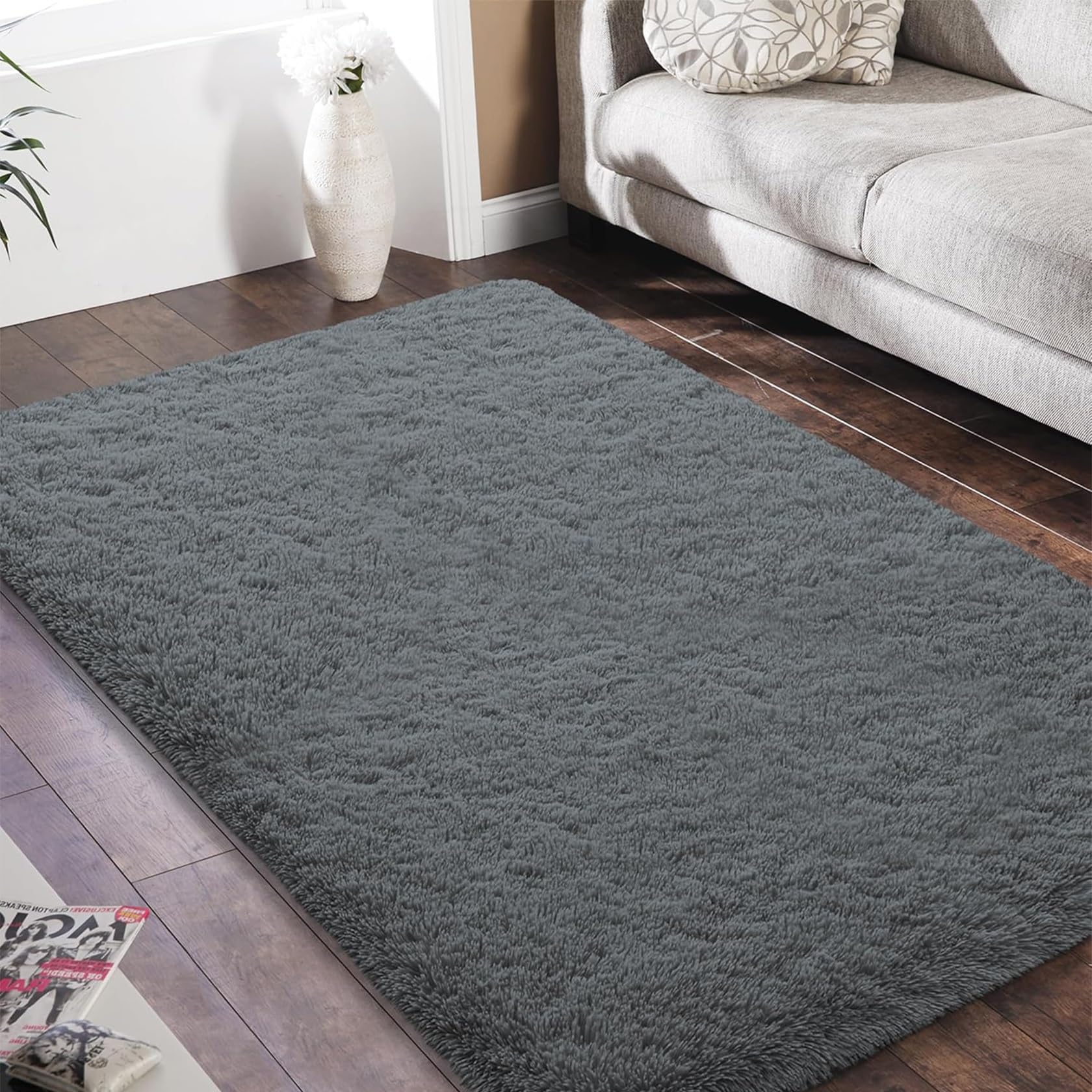 Alfombra de Pelo Largo para Sala de Estar 150 x 180 cm Lavables y Antideslizante Alfombra de Cocina, Alfombra de Piso Varios Tamaños para Interiores Sala de Estar, Gris Oscuro