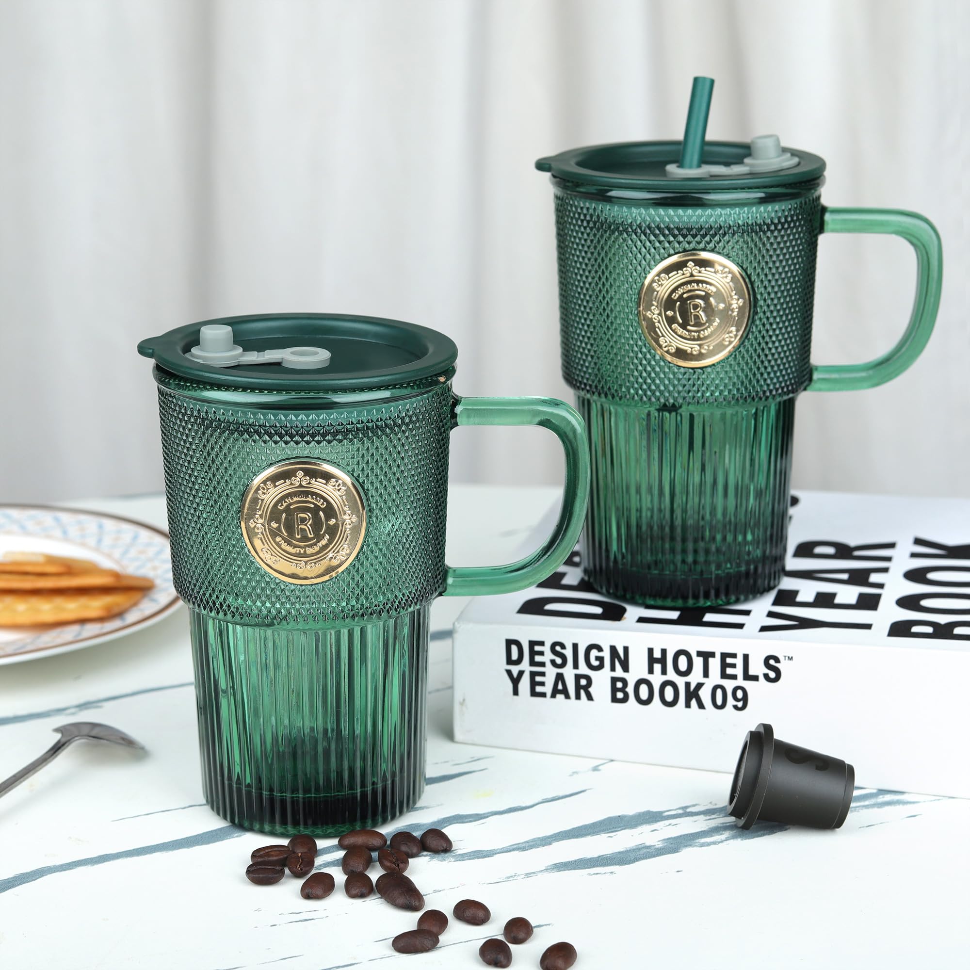 Joeyan 430ml Green Glass Tumbler with Straws and Lids, Glass Mug Iced Coffee Cup with Handle Set of 2 - Image 4