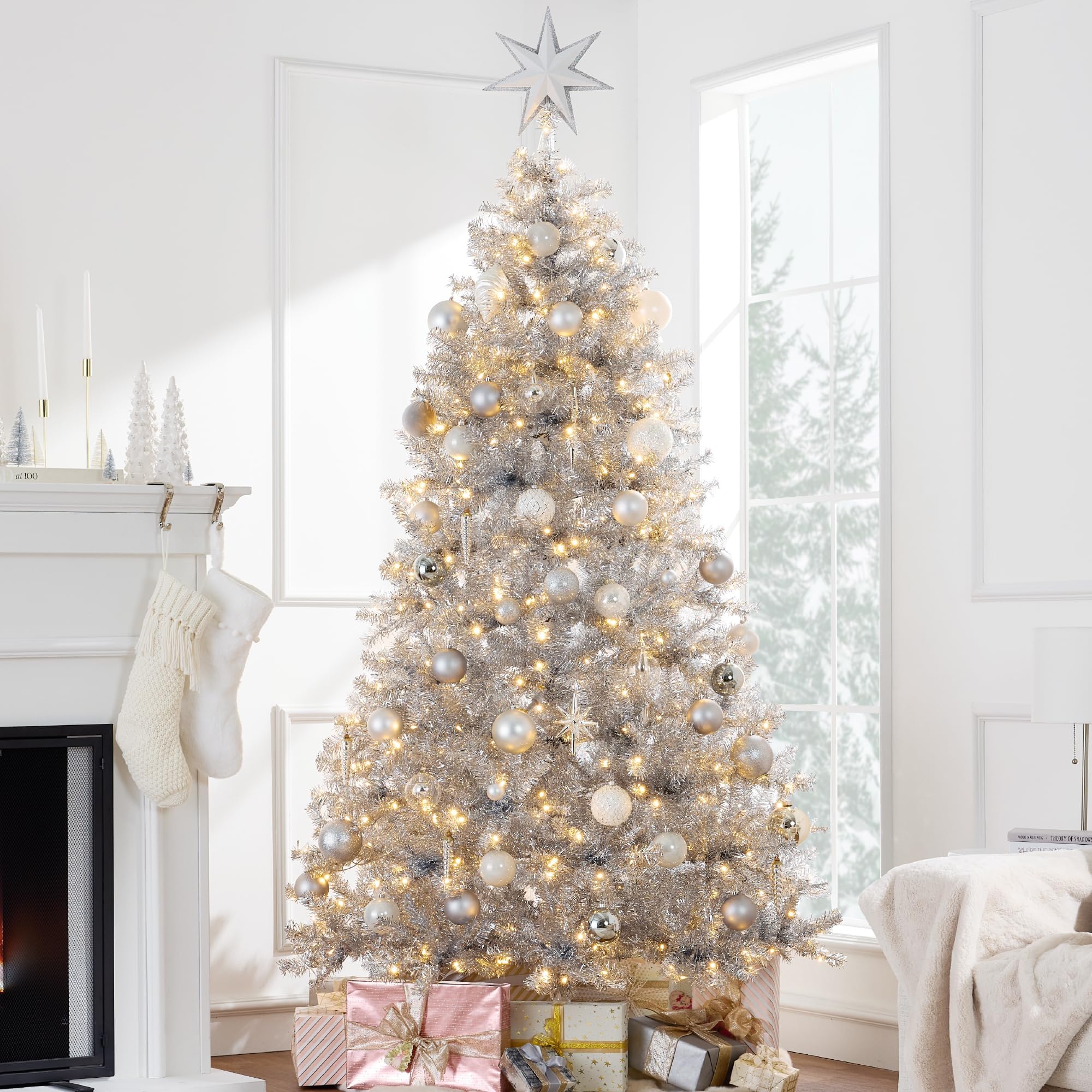 Best Choice Products 6ft Prelit Tinsel Christmas Tree, Artificial Seasonal Holiday Decoration w/ 1,000 Branch Tips, Stand - Silver