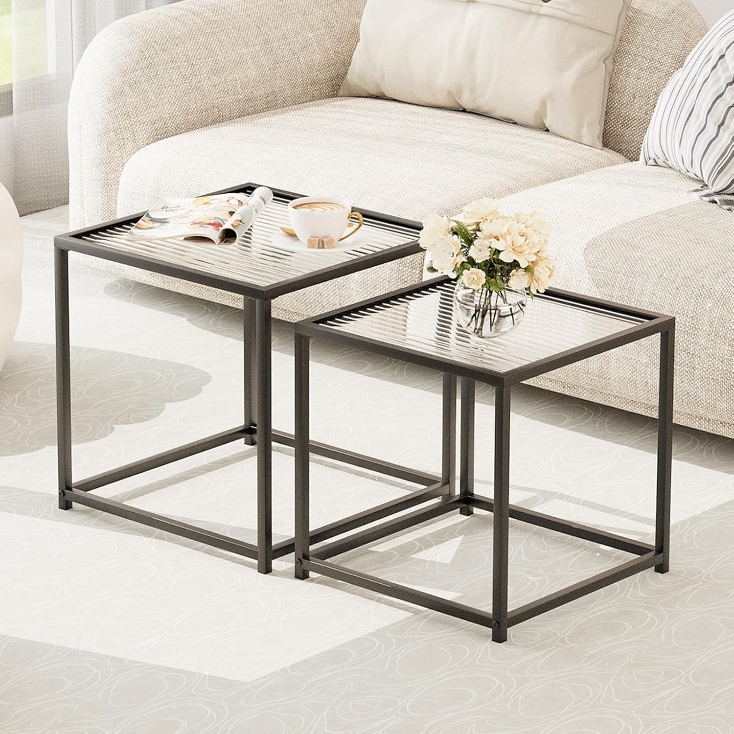 Garden 4 you Coffee Table Set of 2, Modern Patterned Glass Nesting Table, Metal Frame Square Center Table Set, Side Tables, Nesting Coffee Table for Living Room, Bedroom and Small Spaces, 19.7in Black
