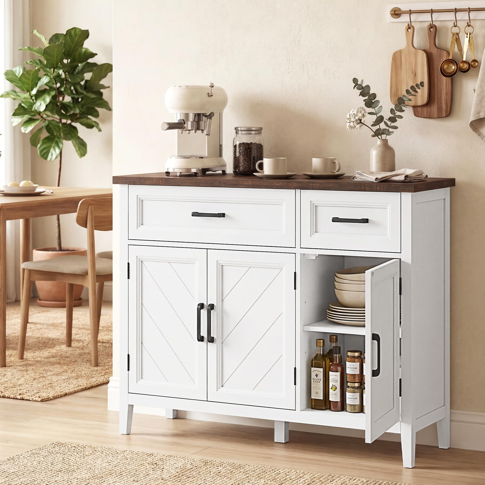HOMCOM Credenza Cucina, Mobile Cucina con 3 Ante a Fienili, Ripiani Regolabili e 2 Cassetti, Piano Effetto Legno, Stile Rustico, Mobile Buffet per Soggiorno, Sala da Pranzo, 110x35x80.5 cm, Bianco