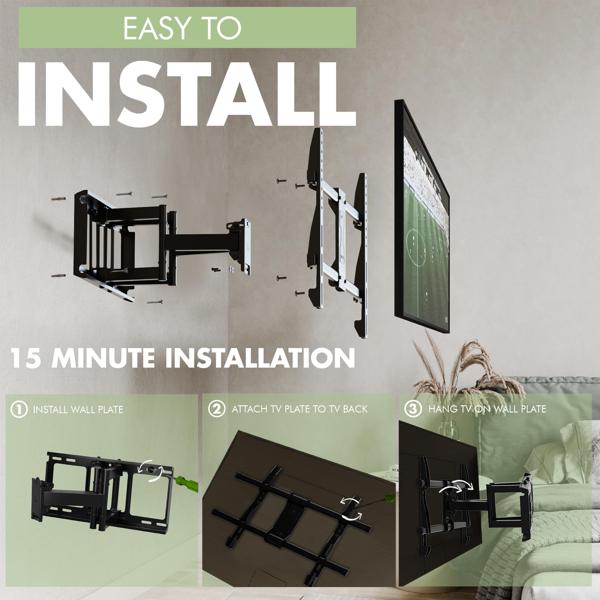 Support Mural TV, Inclinable et Orientable Support TV pour écrans 32-85 Pouces jusqu'à 60Kg -VESA 600 x 400 mm
