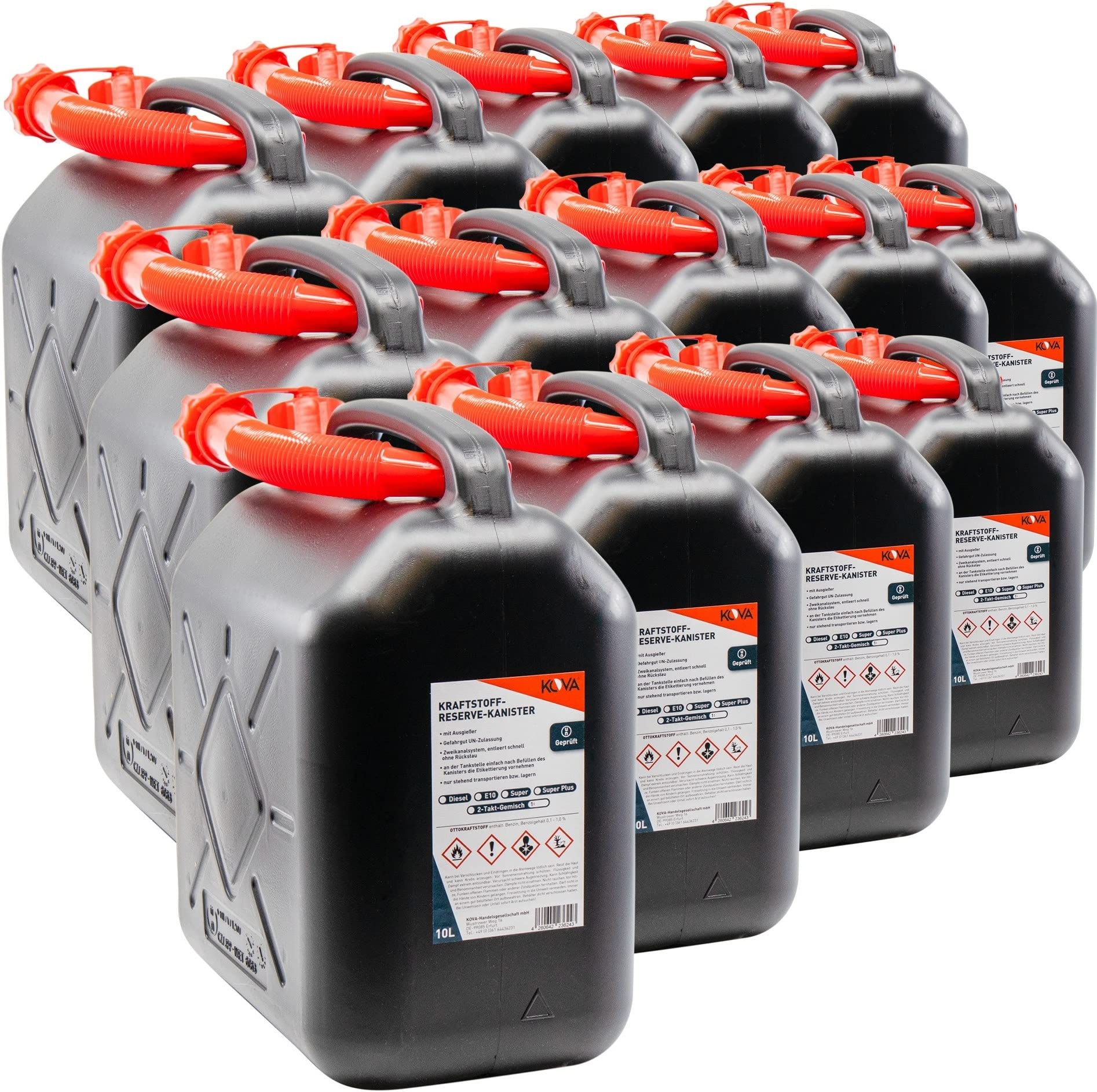 KOVA 14x Benzinkanister 10L SCHWARZ Kunststoff Dieselkanister Reservekanister Kraftstoffkanister 10 Liter Wasserkanister für Benzin Diesel Wasser AdBlue 10-Liter-Kanister & Außgießer 10 ltr Petrol Can