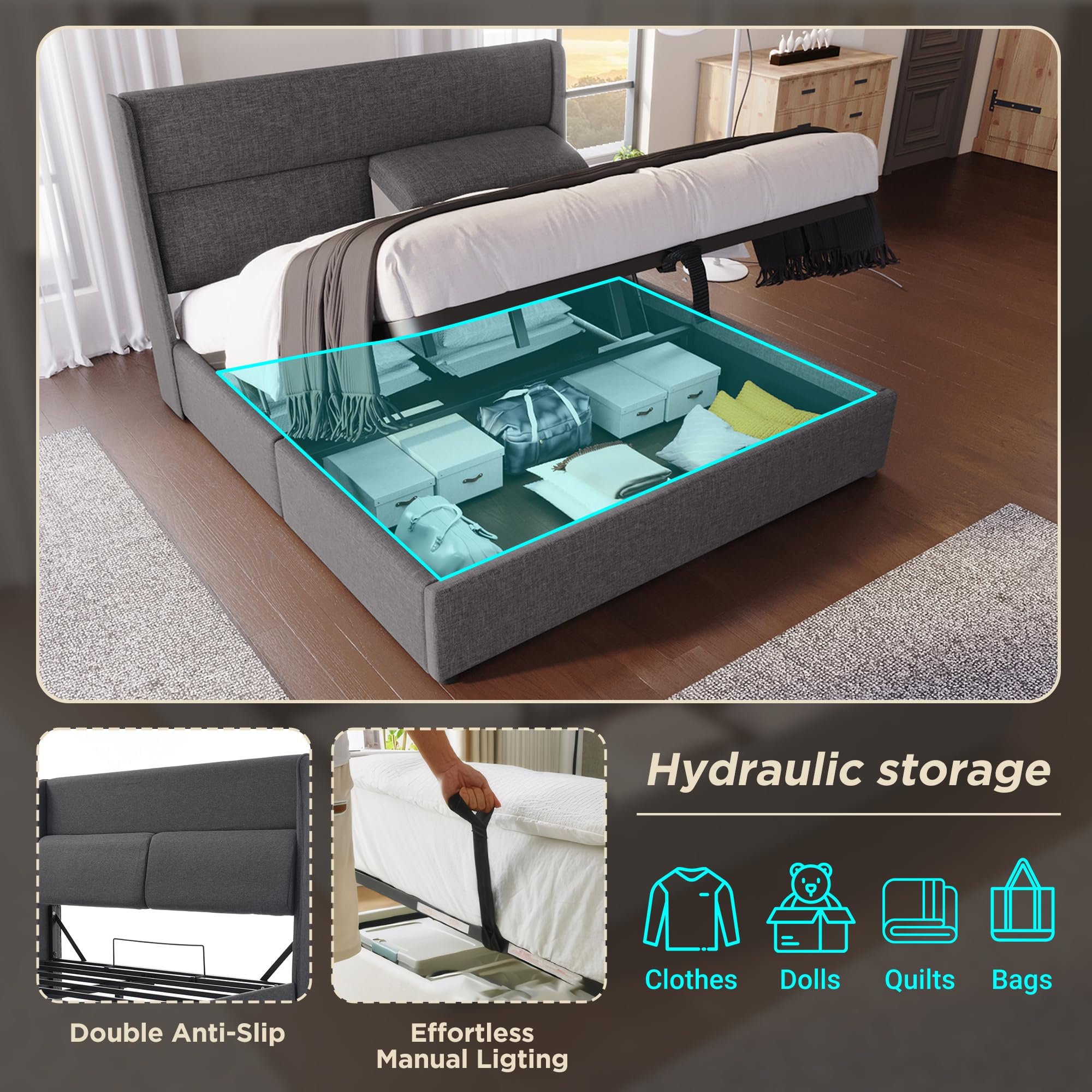Dolamaní Boxspringbett Doppelbett 180x200 cm, Polsterbett mit Verstellbare Kopfstützen,Hydraulisches Bettgestell mit Stauraum, Bett mit Metall- Lattenrost, Leinen Ohne Matratze (Grau)