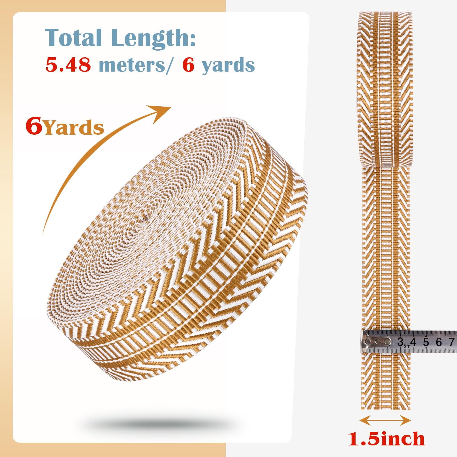 PECMER 1.5 inch Webbing-6 Yards Khaki Jacquard Cotton Webbing Ribbon-1 1/2 inch Polyester Webbing for Straps Seat Belt Crafts Pet Collars Backpack Strap Belt