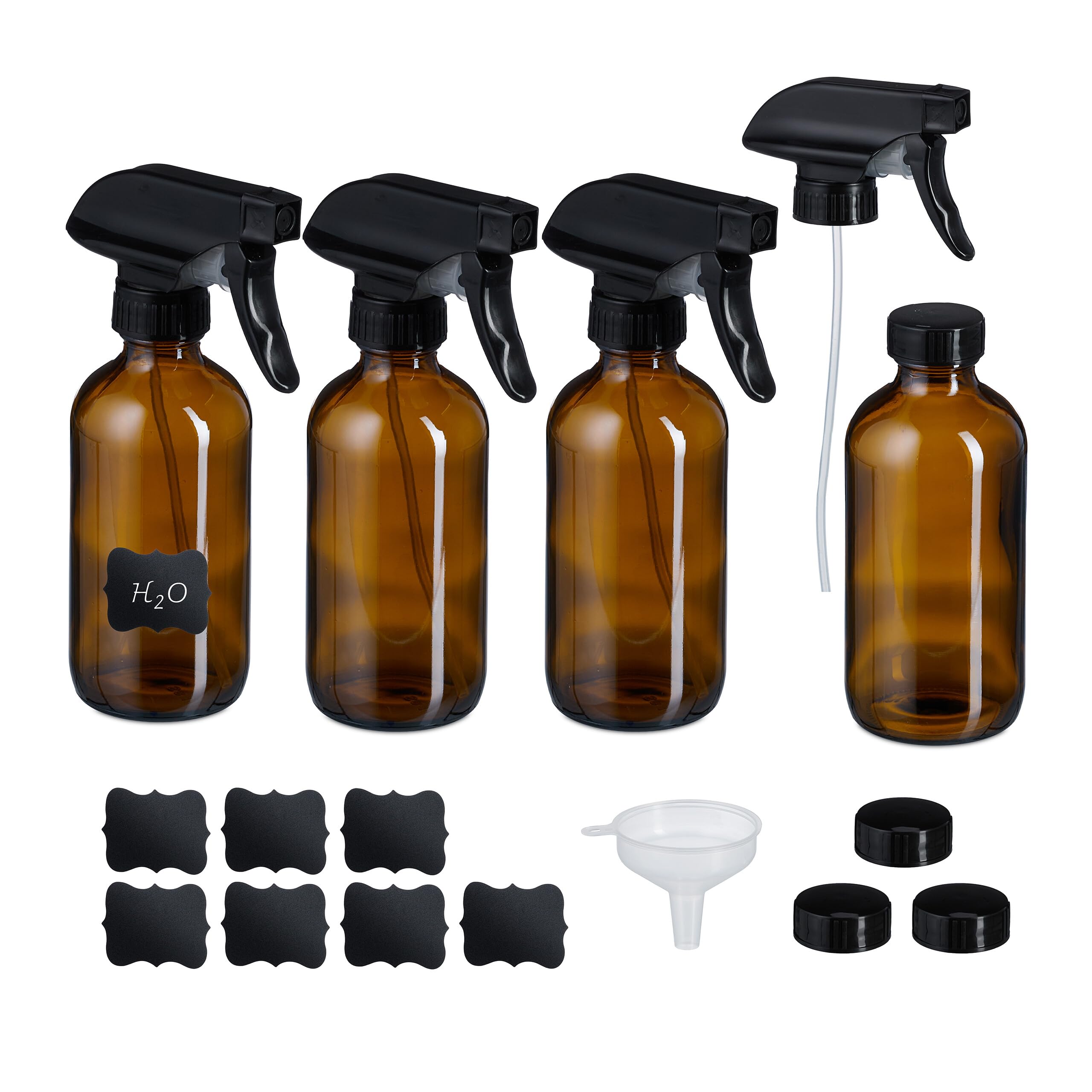 Relaxdays Butelka ze spryskiwaczem szklana, zestaw 4 sztuk, 500 ml, mgła i strumień, rozpylacz wody do włosów, czyszczenie, rośliny, brązowy/czarny.