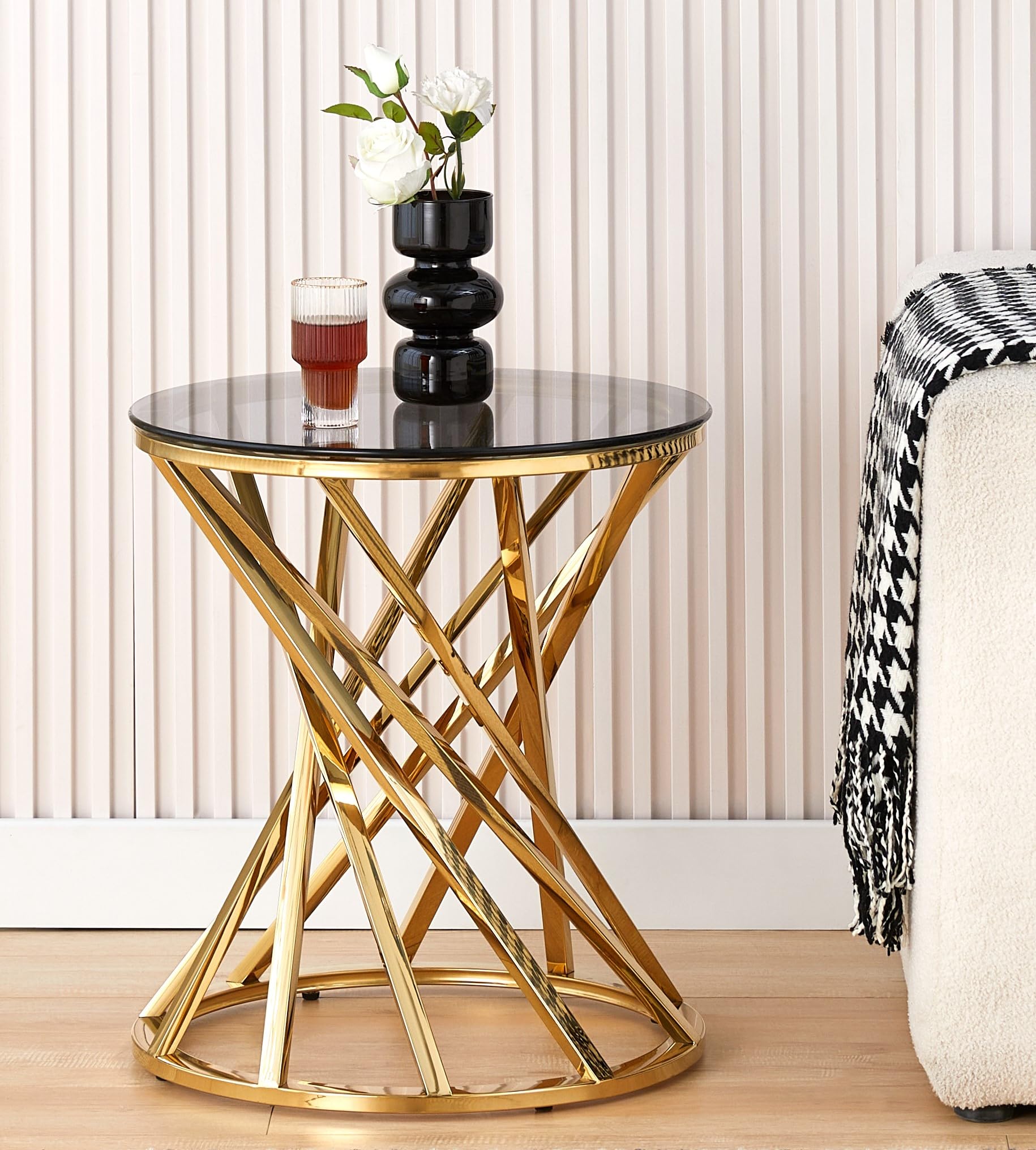 Comfy Living Round Metal Side/End Table In Gold Or Silver With Tinted Glass Tempered Top (Gold)