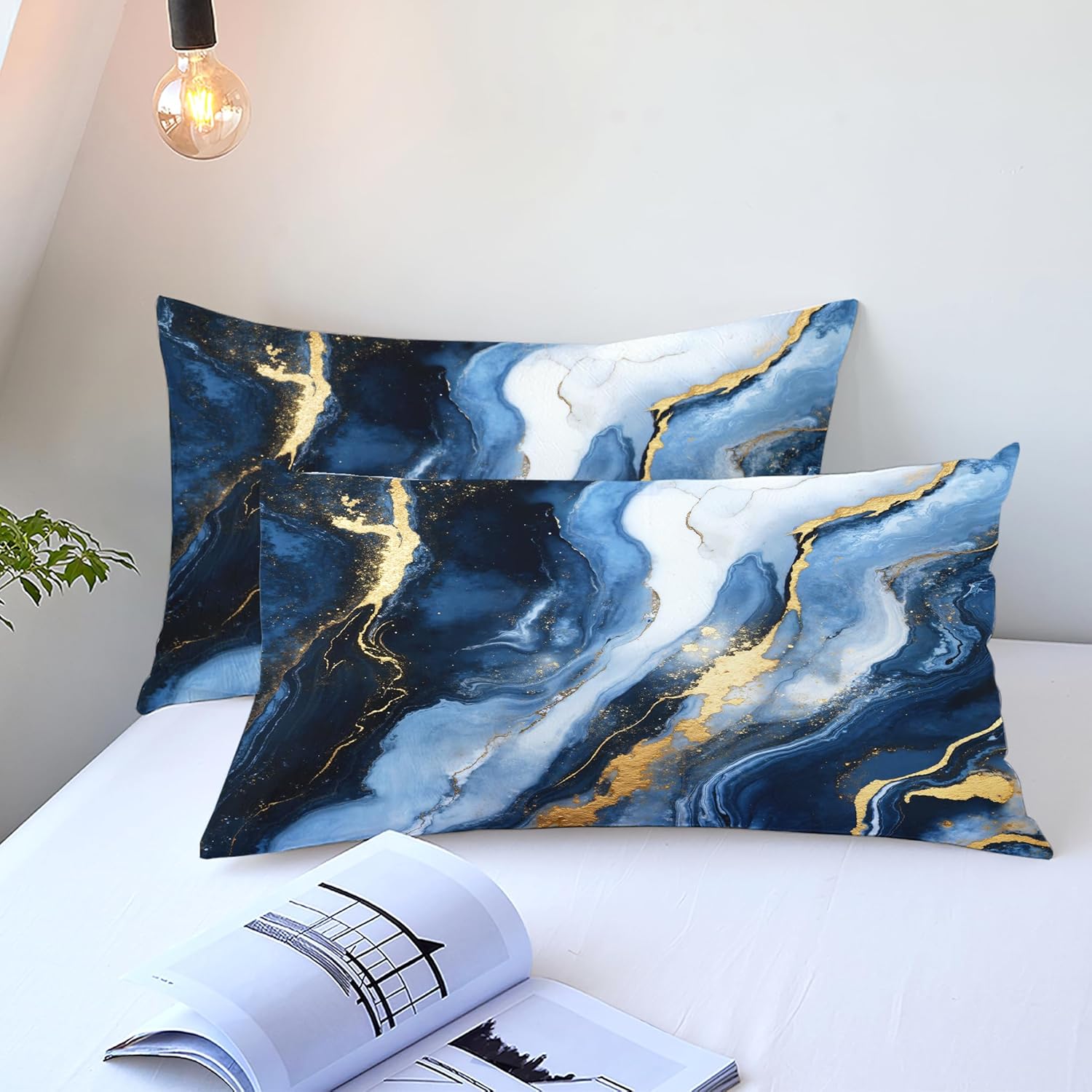 Blue Marble Comforter Set King Size Golden Marble Textured Comforter Abstract Modern Stone Like Marbling Soft Breathable Microfiber Bedding Set 3 Pcs for Bedroom Decor