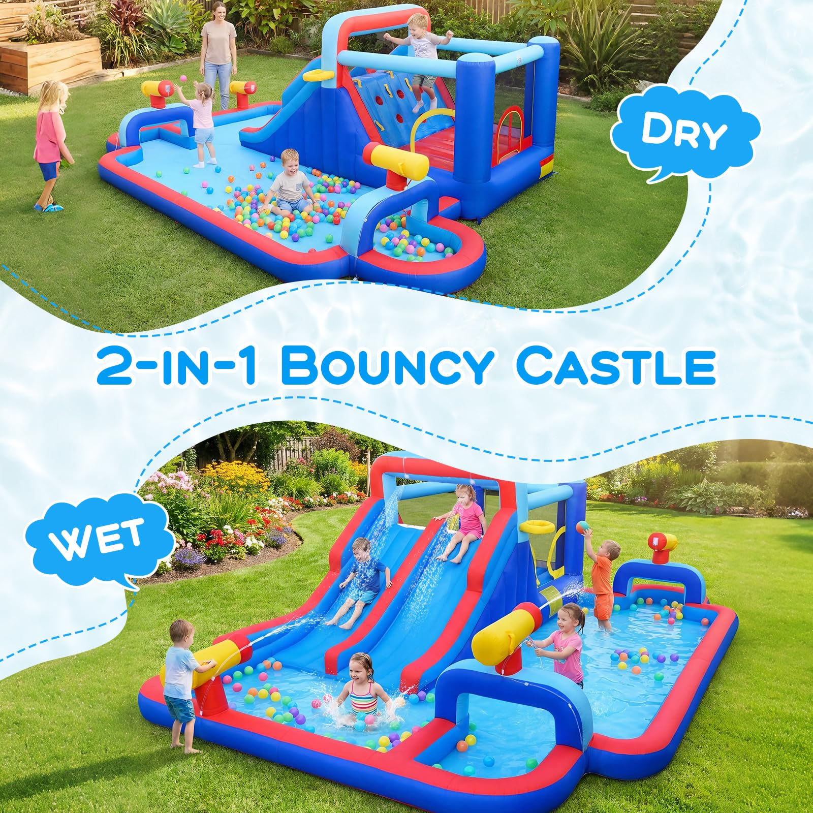 GOPLUS Castillo Hinchable, Castillo Inflable 2 en 1 con Pared de Escalada, Cañones, Piscina de Chapoteo y Tobogán Acuático, Casa de Saltos Infantil para Interior y Exterior, Soplador No Incluido