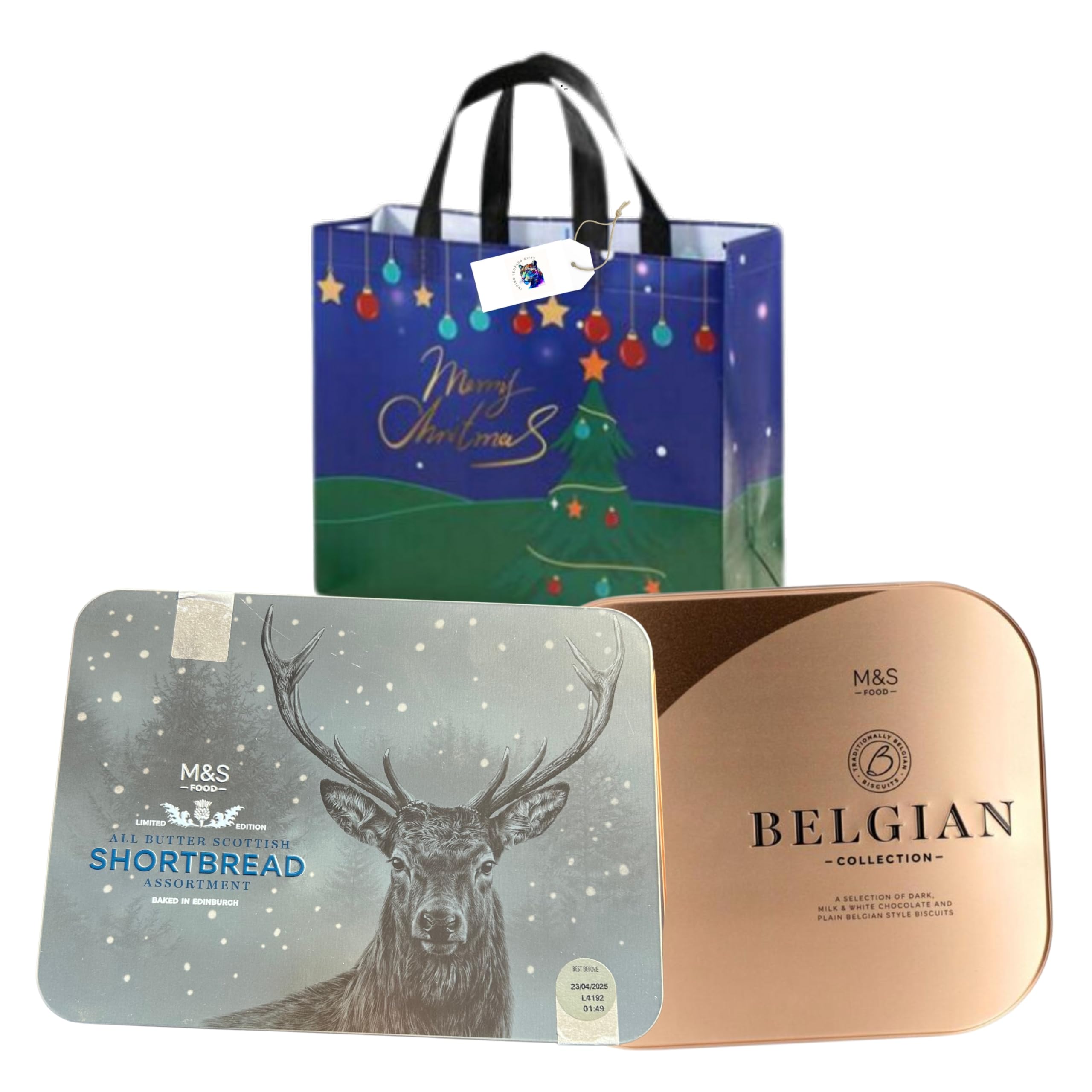 Christmas Biscuits Bundle with Marks and Spencer Scottish Shortbread Tin 650g and M&S Belgian Chocolate Biscuits Collection 500g with Indigo Leopard Gifts Reusable Gift Bag
