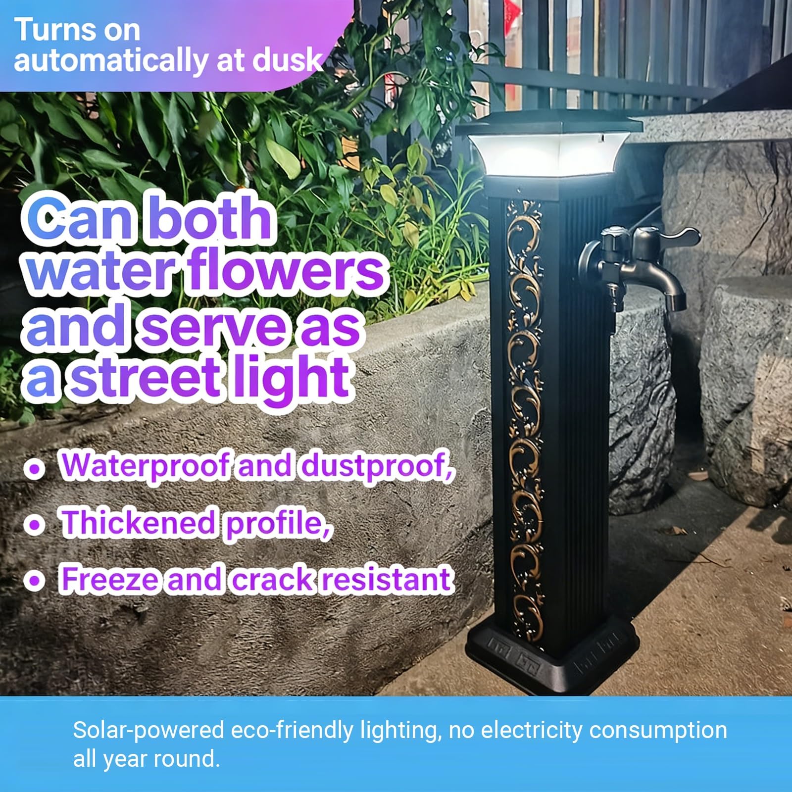 Columna de agua solar para jardín con luz, hidrante de exterior sin heladas para patio, espiga de agua de aluminio con manguera expandible