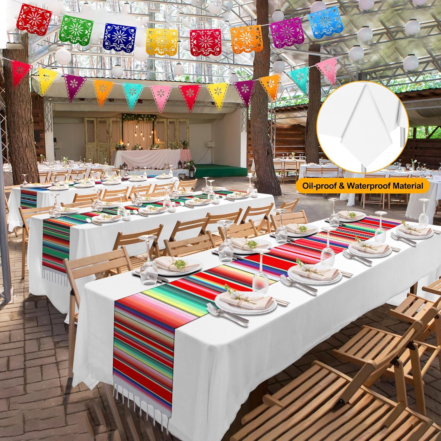 12 Pcs 14 x 84 in Mexican Serape Table Runners with 3 Sets Fiesta Papel Picado Hanging Banner 12 Pcs 54 x 108 Inch Cinco De Mayo Plastic Tablecloth for Mexican Theme Party Decor (White)