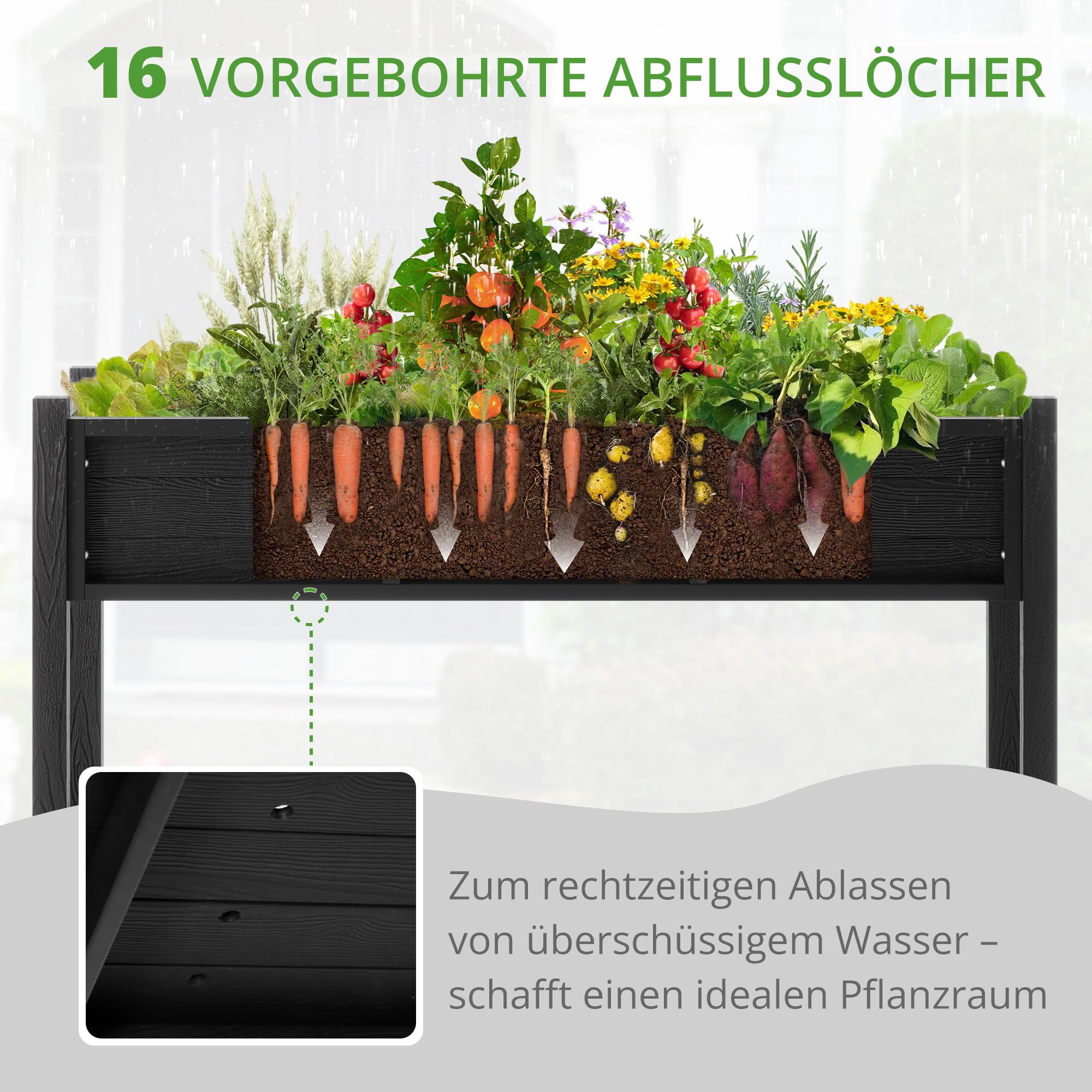 LUE BONA Hochbeet mit Werkzeugen, 113 x 45 x 73cm, HDPS - Hochbeetkasten mit Beinen und Ablagefach, wetterbeständig, 3 Jahre Garantie, für Kraut - & Gemüseanbau, Garten, Balkon, schwarz