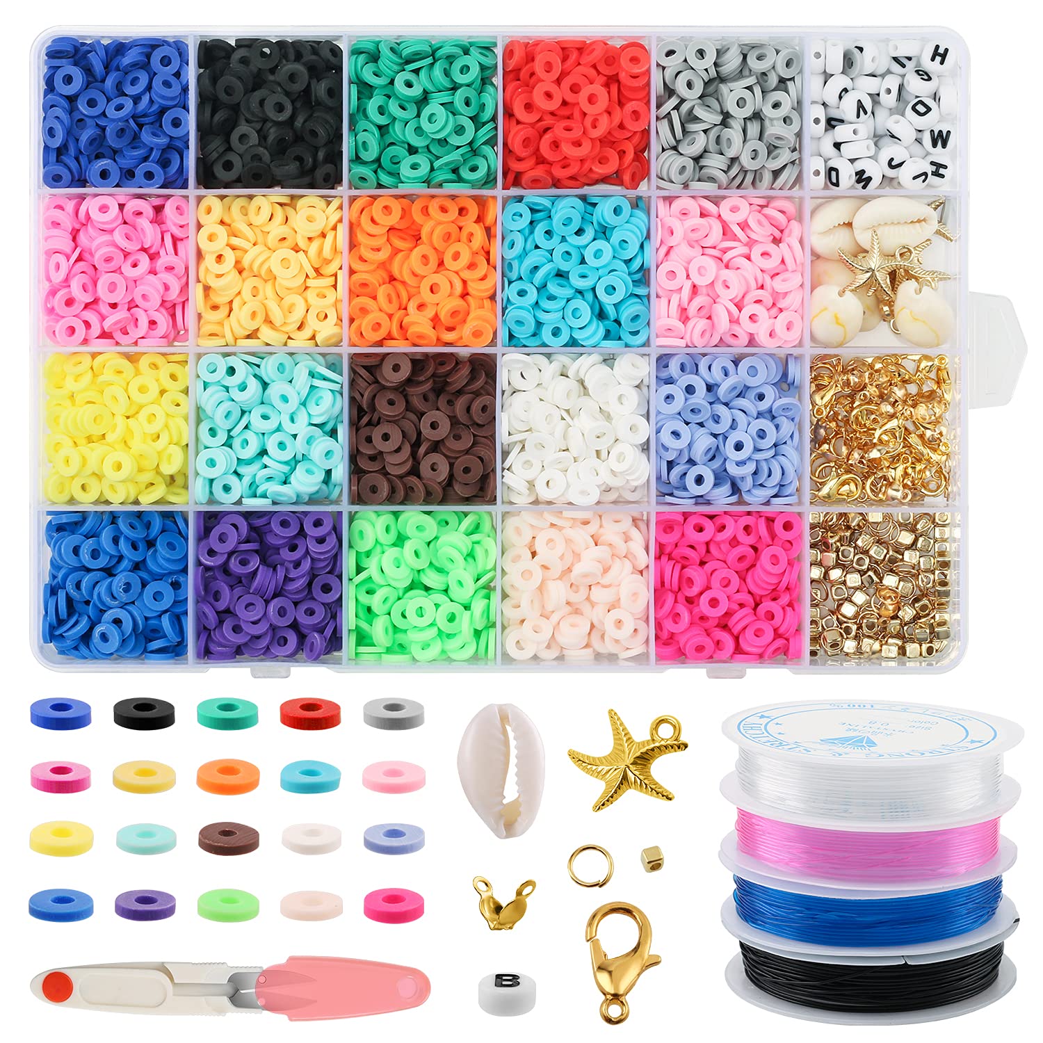 4800 Pcs Clay Beads 6mm 20 Colors Flat Round Polymer Clay Spacer Beads with Pendant Charms Kit and 4 Roll Elastic Strings for DIY Jewelry Making Bracelets Necklace ，Gifts for Girls Age 6-12