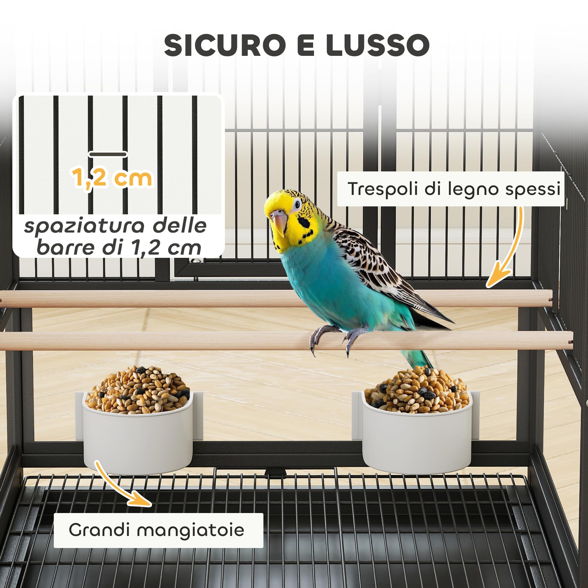 PawHut Gabbia per Uccelli a Rotelle con Ripiano Inferiore, Vassoio e Griglia Rimovibili, Gabbietta per Uccelli in Acciaio e PP, 48x46x83 cm, Nero