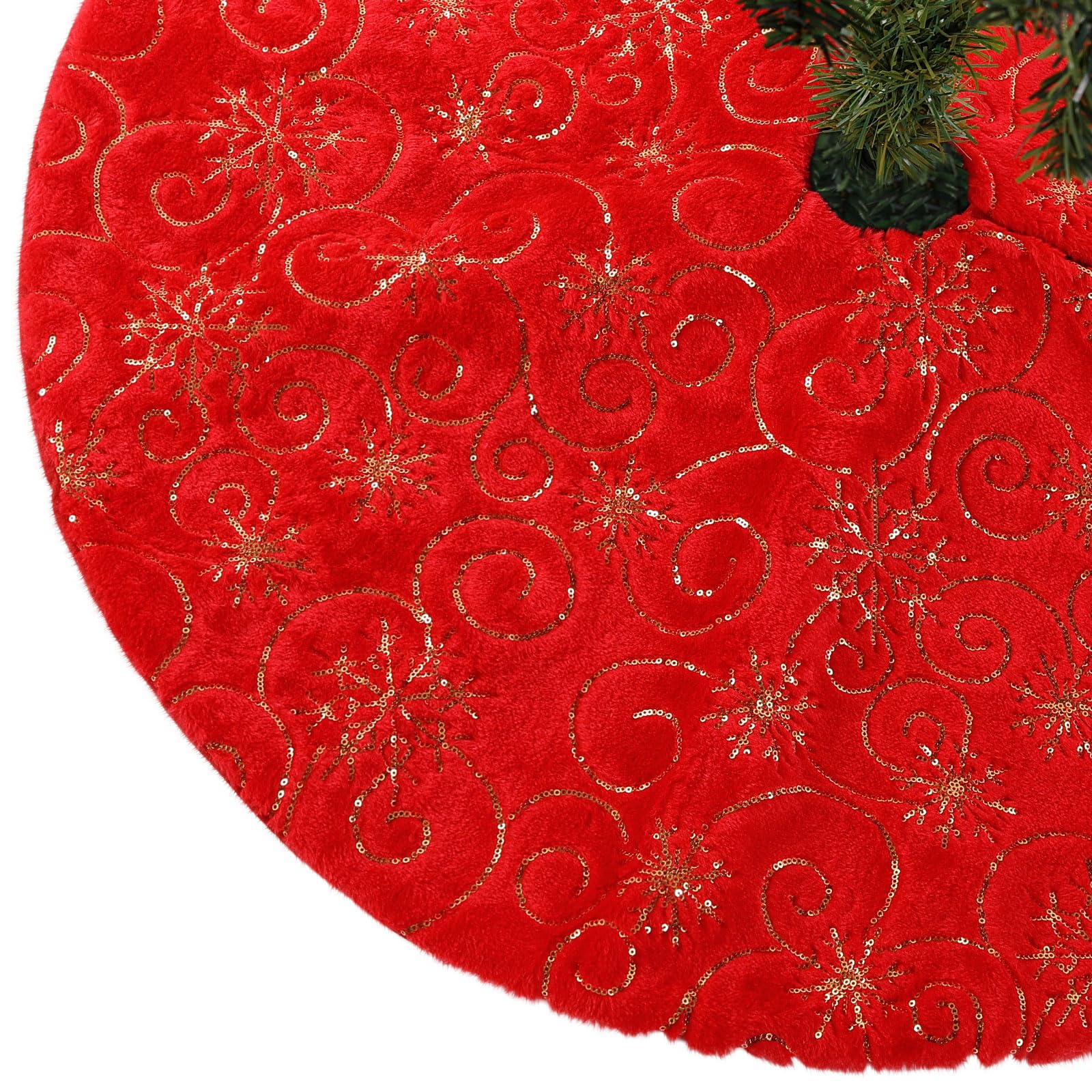 CITÉTOILE Falda de árbol de Navidad de Piel Sintética con Dorado Lentejuelas de Copo de Nieve, Falda Redonda árbol Navidad, Alfombra para Decoración Navideña, Rojo, S