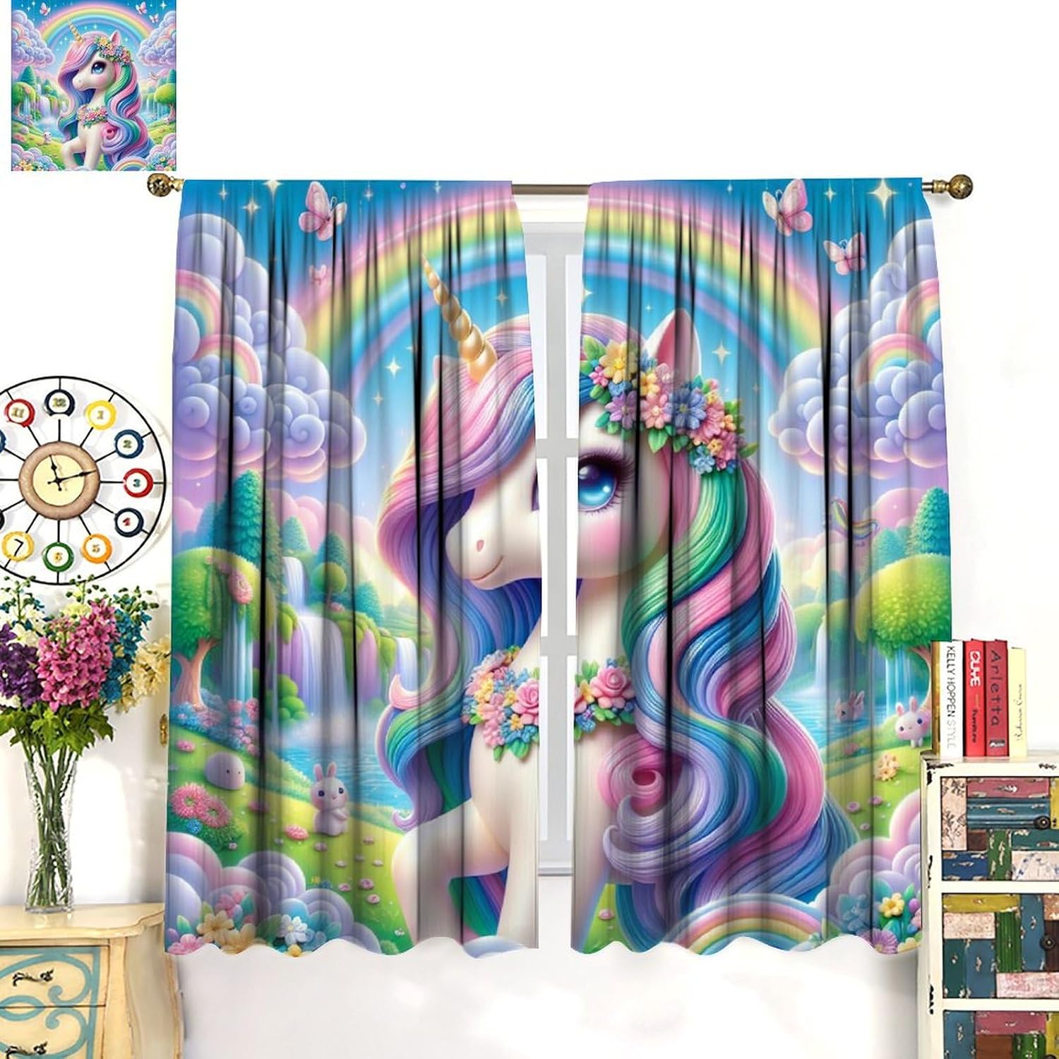 Unicorn Princess Curtains,Flowers Colorful Ombre Rainbow Dreamy Clouds Butterflies Blackout Rod Pocket Window Treatments for Girls Kids Baby Room Living Room Nursery Drpaes 42" W X 45" L