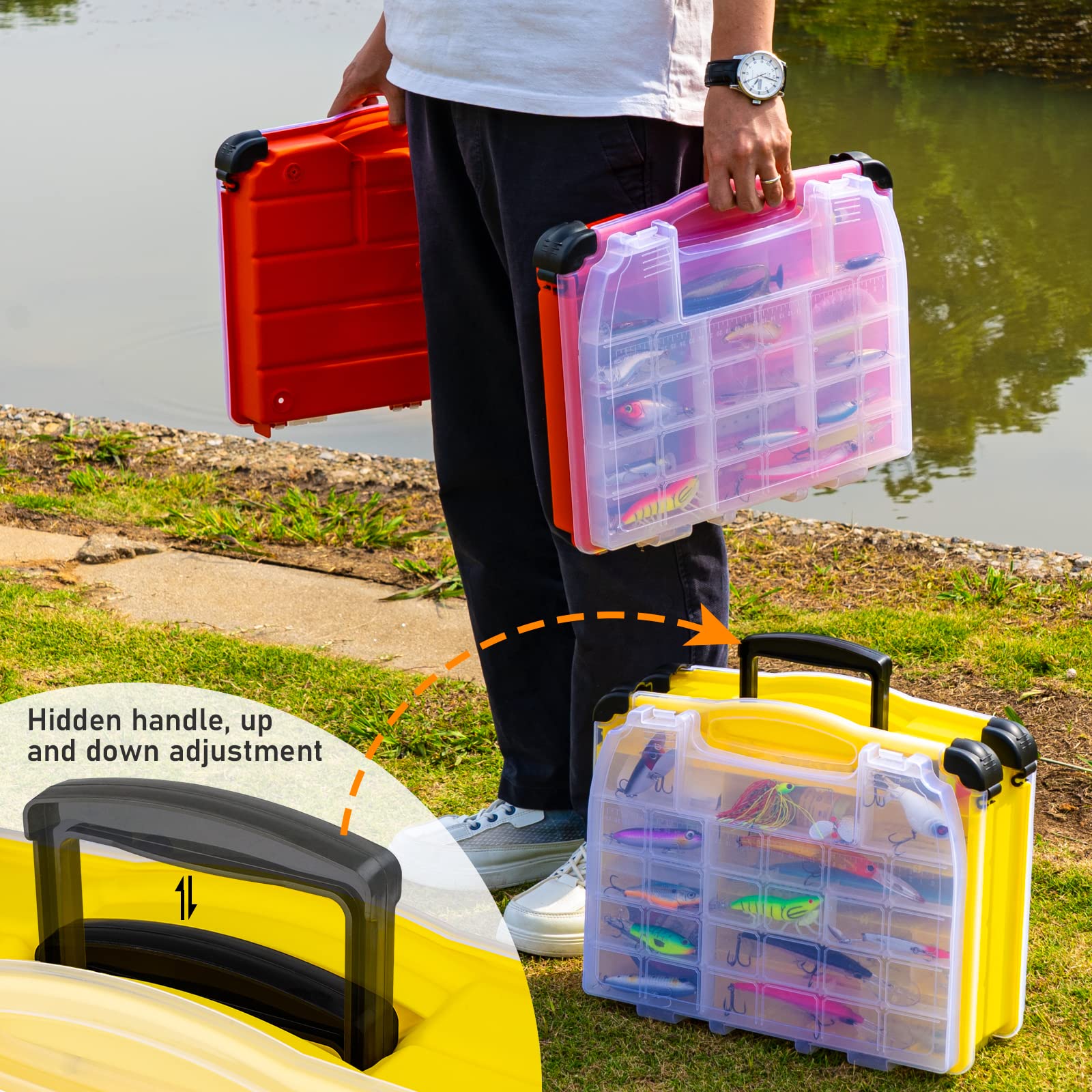 THKFISH Caja de aparejos grandes organizadores y almacenador, caja de aparejos de doble cara, sistema de aparejos desmontable de 4 capas para accesorios de pesca
