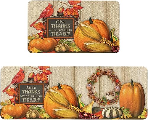 Juego de 2 alfombras y tapetes de cocina con diseño de calabaza otoñal, dar gracias con un corazón agradecido, tapetes de cocina lavables de