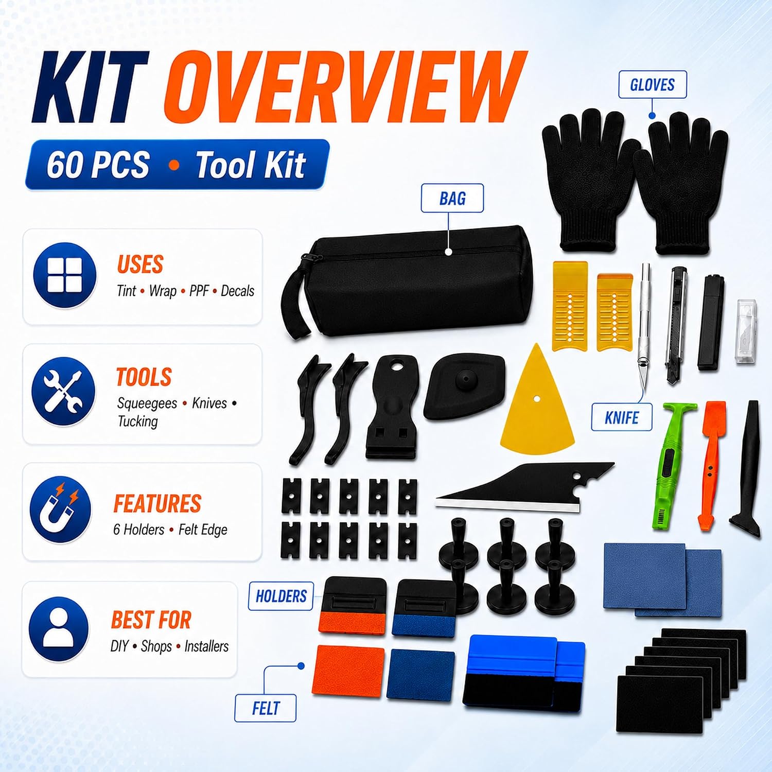 60 Pcs Vinyl Wrap Tool Kit for Car Wrapping, Window Tint Kit with Felt Squeegees, 6 Magnetic Holders, Film Cutter, Utility Knife, Scrapers & Storage Bag for Auto Vinyl, PPF, Decals