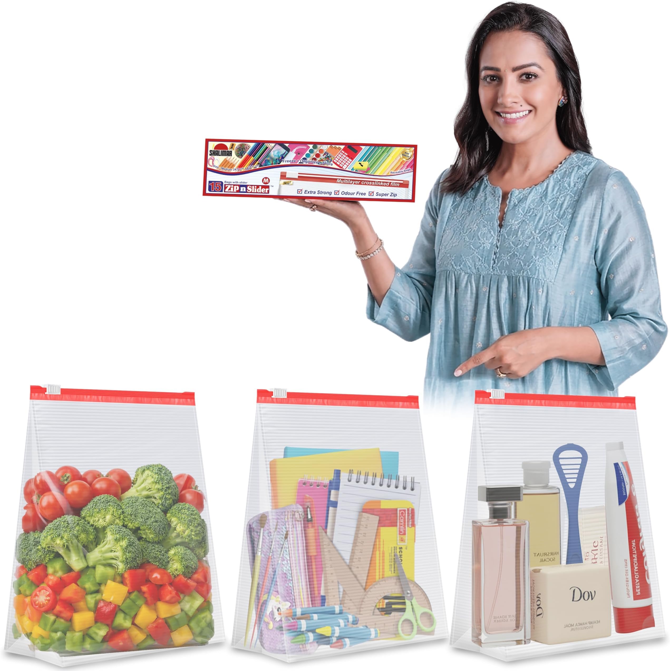 Zip Lock Slider Bag Combo Pack – Reusable & Reclosable – 45 Bags (Small + Medium + Large) – Zip Lock/Vegetable/Fridge/Multi-Purpose Storage Bags with Slider Lock
