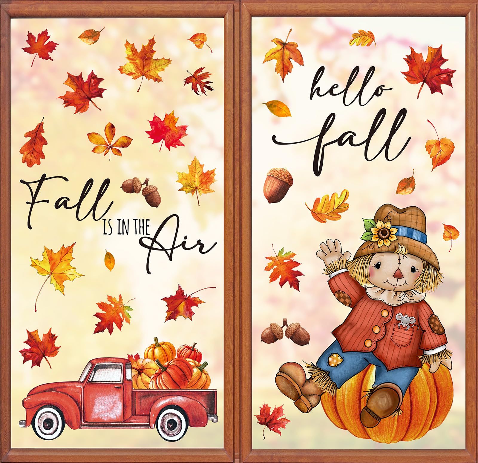 JarThenaAMCS Fall Window Clings - Watercolor Maple Leaves, Truck, Pumpkin, Scarecrow Decals - Double-Sided Autumn Decor for Thanksgiving, Home, Office, Harvest Party - Glass Mirror Decoration