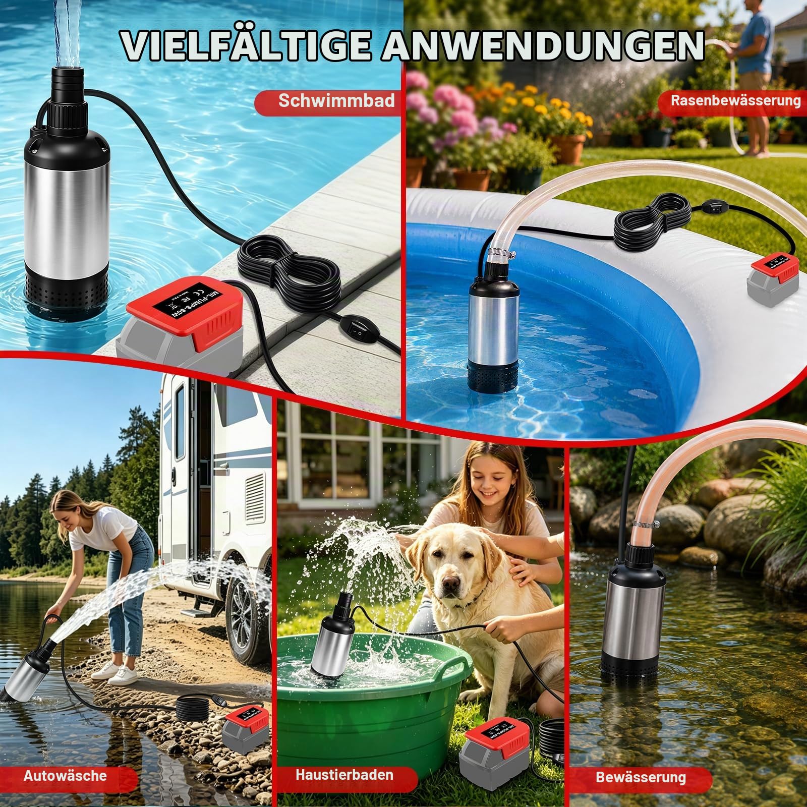 Wasserpumpe für Milwaukee 18V Akku, 3800L/H Bürstenlose Tauchpumpe Sumpfpumpe Schmutzwasserpumpe Absaugpumpe Flachwasserpumpe für Pool, Gartenbewässerung, Autowäsche, Schwimmbadentleerung(Keine Akku)