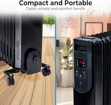 Comfort Zone 1500W Digital Oil-Filled Radiator Heater Portable Electric Space Heater with Remote, 12H Timer & 360 Swivel Wheels Silent Radiant Heat with Adjustable Thermostat Black