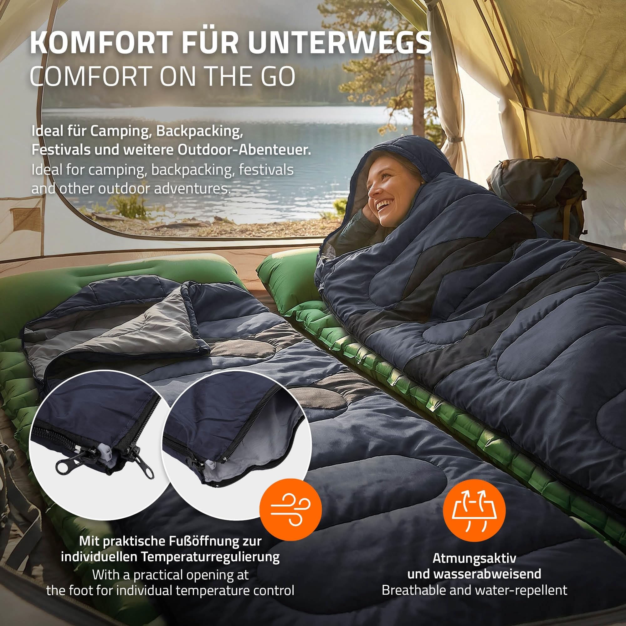 ECD Germany Sac de Couchage Adulte pour Camping Kaki/Bleu Foncé 210 cm, Matériel Léger Chaud et Compact, Portable de 3 Saisons Extérieur, pour Randonnée Voyage ou Tente, avec Housse de Transport