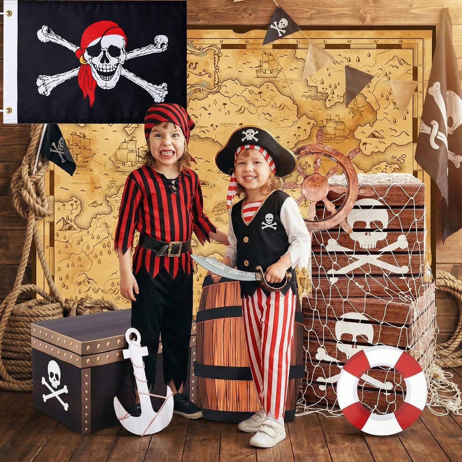 10 Pcs Pirate Party Decorations Imitation Treasure Chest Box Map Fishing Net Adventure Ocean Pirate Party Favors for Sea Sailing Birthday Photo Booth Props