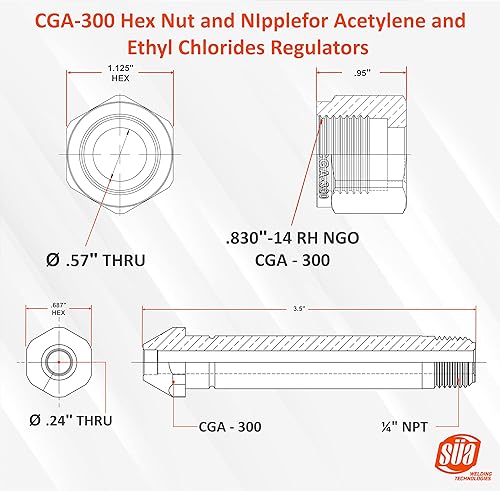 Miniatura 2 de SÜA - Reemplazo de tuerca y pezón para reguladores de acetileno y cloruros de etilo CGA-300 - Longitud del pezón 3-12'' - Rosca lateral del