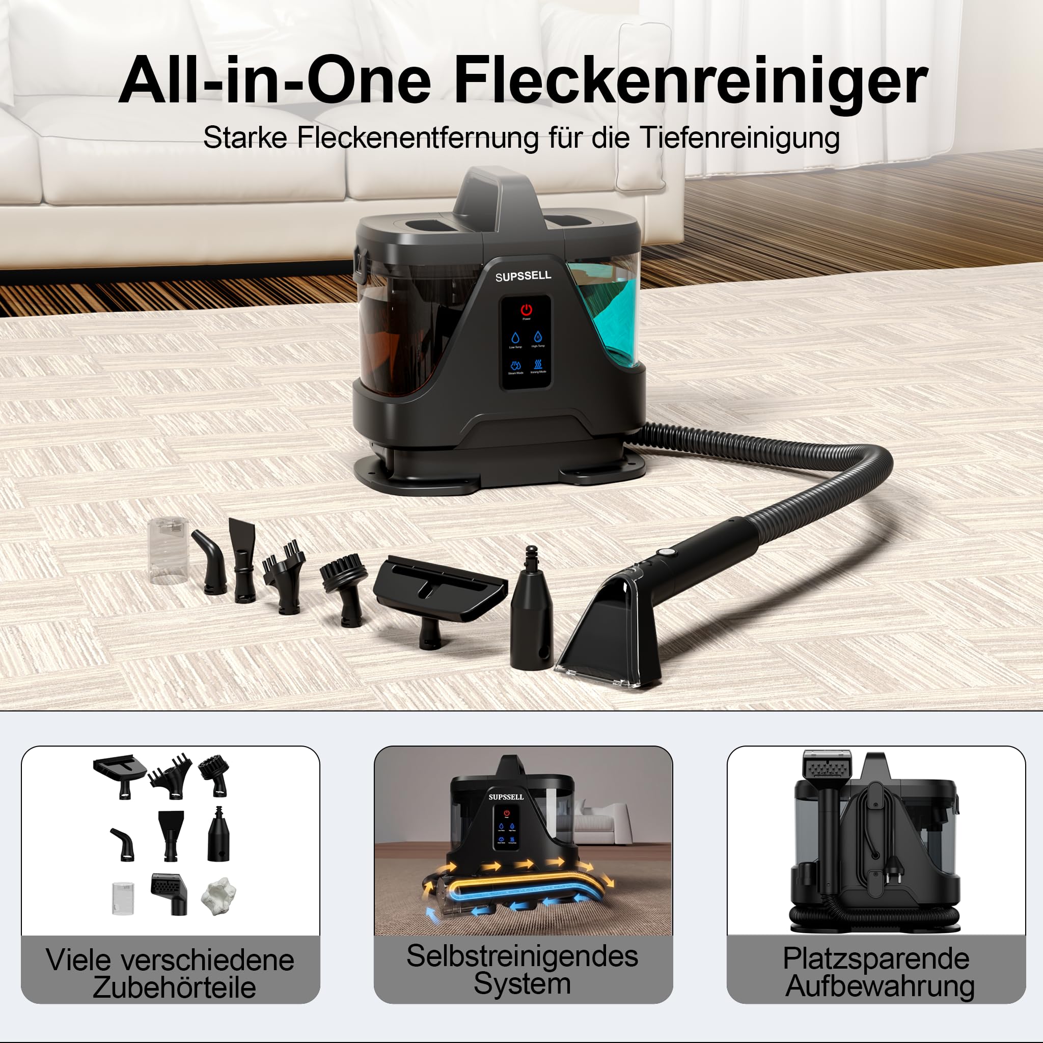 Polsterreiniger 1700W Dampf, für Haustiere, Sofa, Teppich & Auto | Hohe Saugkraft, Dampfreinigung, Haustierflecken entfernen, Polster, Sofa, Teppich, Auto, Nasssauger Polsterreiniger